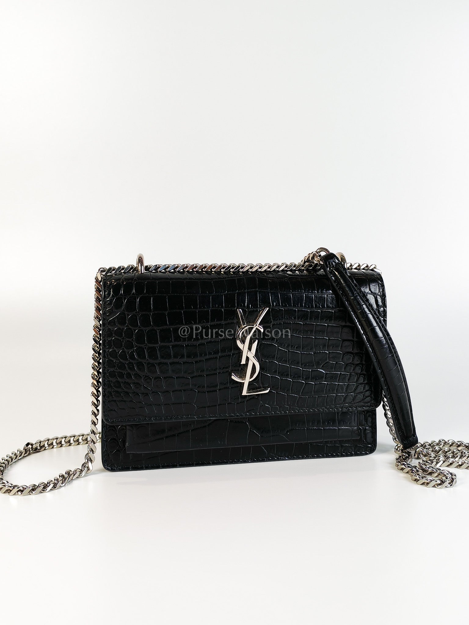 Mini Sunset Black Croc Embossed Chain Strap | Purse Maison Luxury Bags Shop