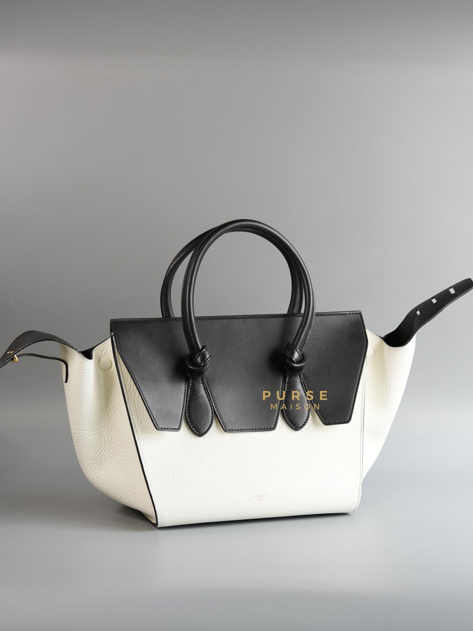 Mini Tie Tote Bag in White/Black Leather | Purse Maison Luxury Bags Shop