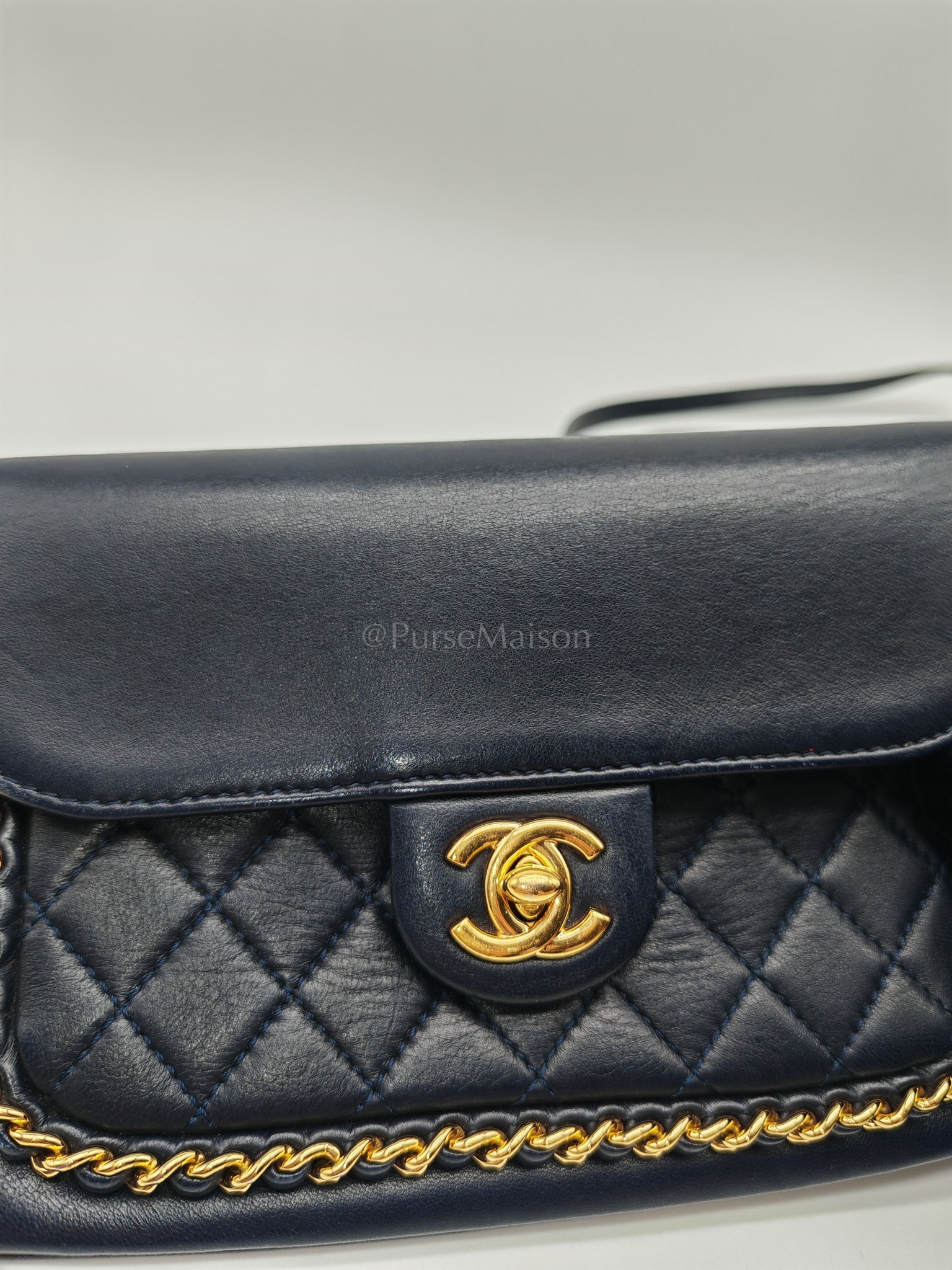 Mini Unchained Flap in Navy Blue Lambskin Leather and Gold Hardware Series 24 | Purse Maison Luxury Bags Shop
