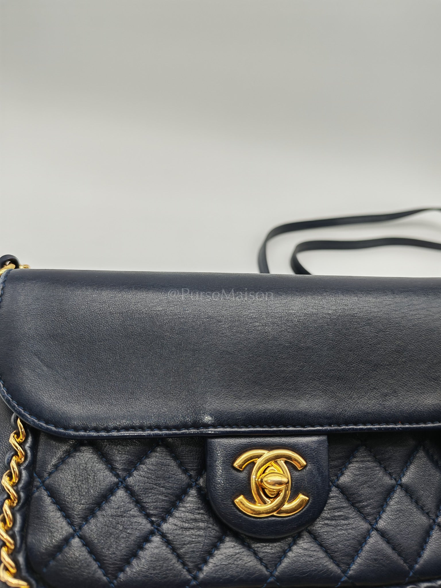 Mini Unchained Flap in Navy Blue Lambskin Leather and Gold Hardware Series 24 | Purse Maison Luxury Bags Shop