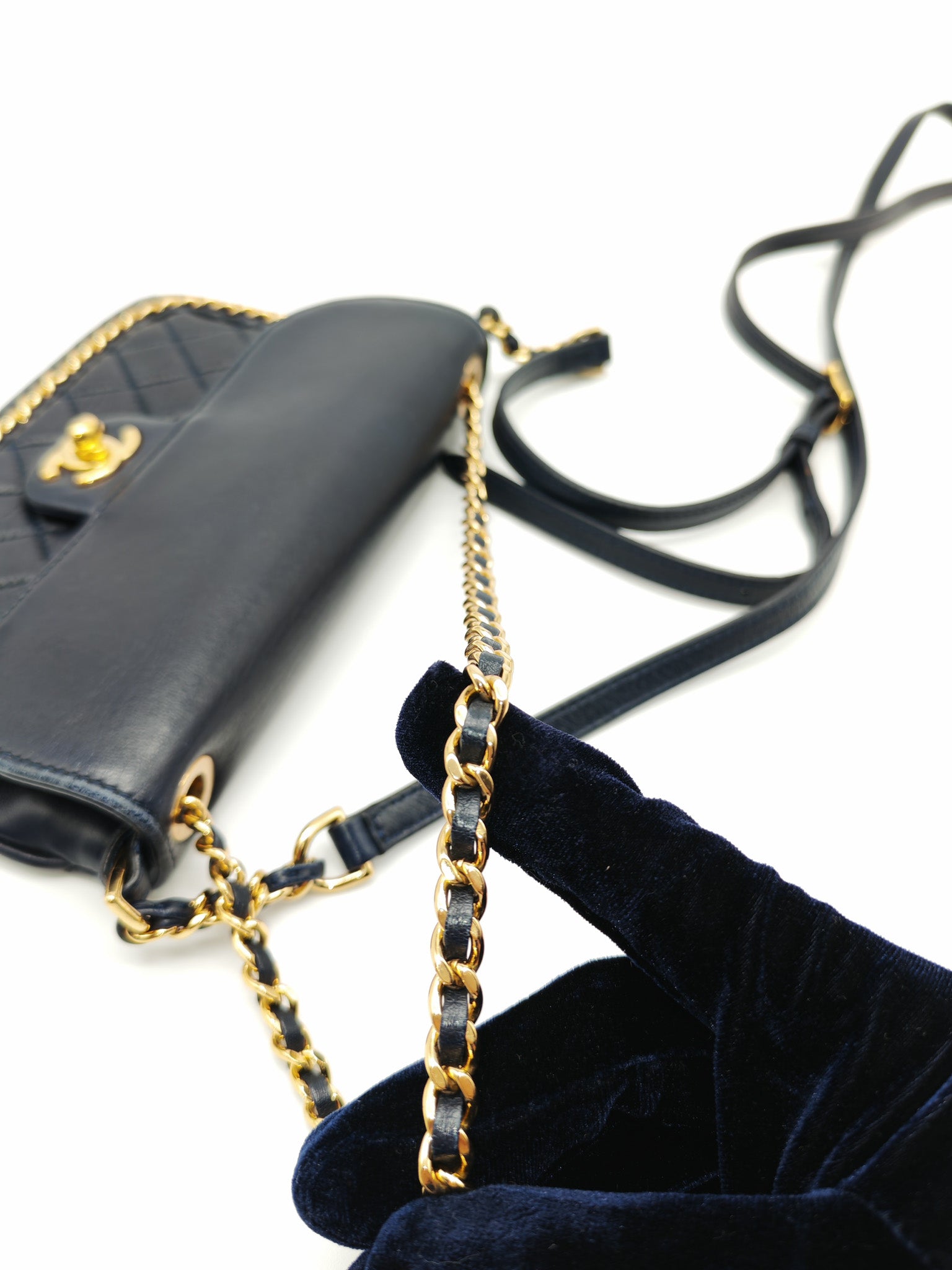Mini Unchained Flap in Navy Blue Lambskin Leather and Gold Hardware Series 24 | Purse Maison Luxury Bags Shop