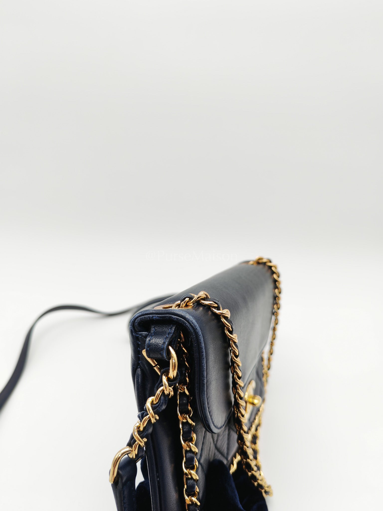 Mini Unchained Flap in Navy Blue Lambskin Leather and Gold Hardware Series 24 | Purse Maison Luxury Bags Shop