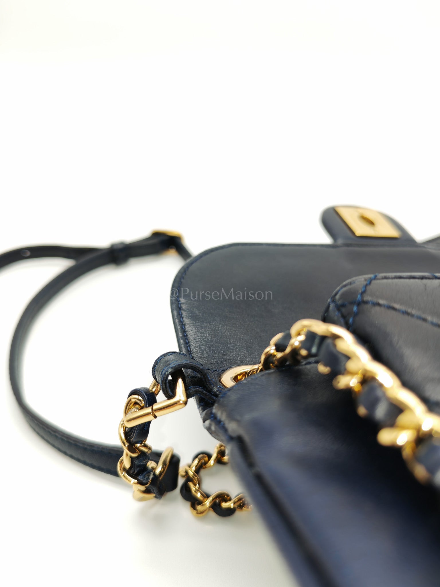 Mini Unchained Flap in Navy Blue Lambskin Leather and Gold Hardware Series 24 | Purse Maison Luxury Bags Shop