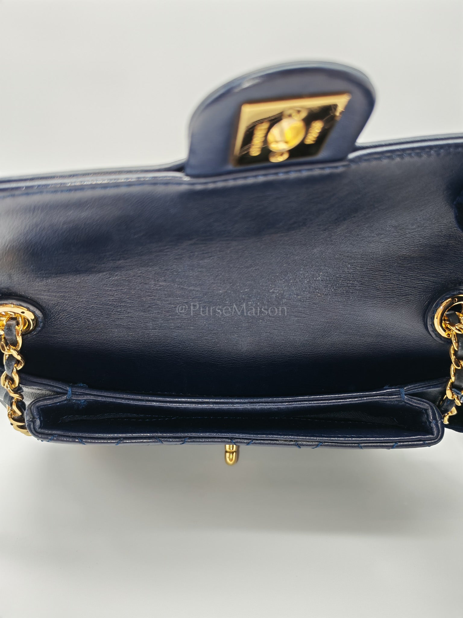 Mini Unchained Flap in Navy Blue Lambskin Leather and Gold Hardware Series 24 | Purse Maison Luxury Bags Shop