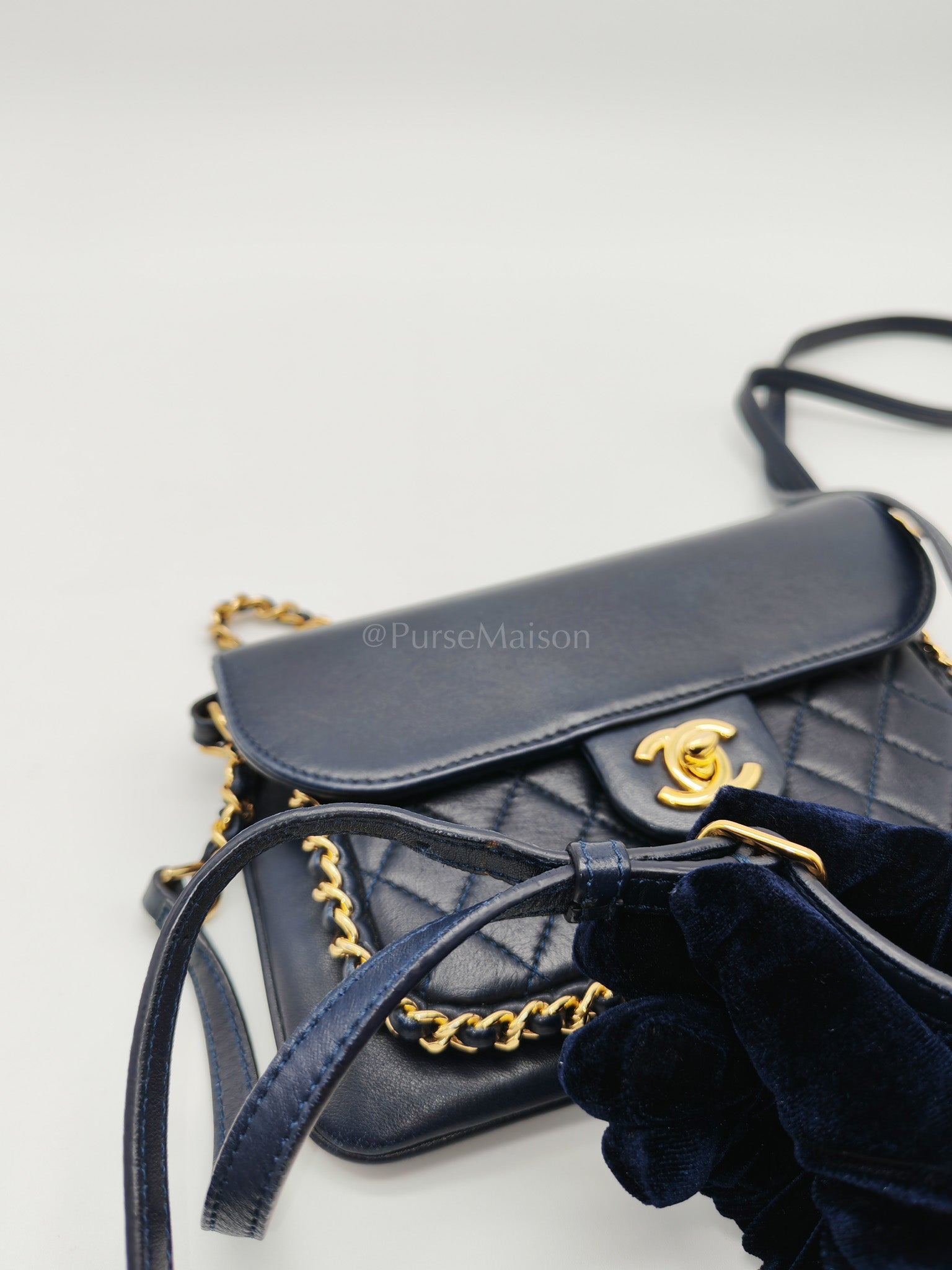 Mini Unchained Flap in Navy Blue Lambskin Leather and Gold Hardware Series 24 | Purse Maison Luxury Bags Shop