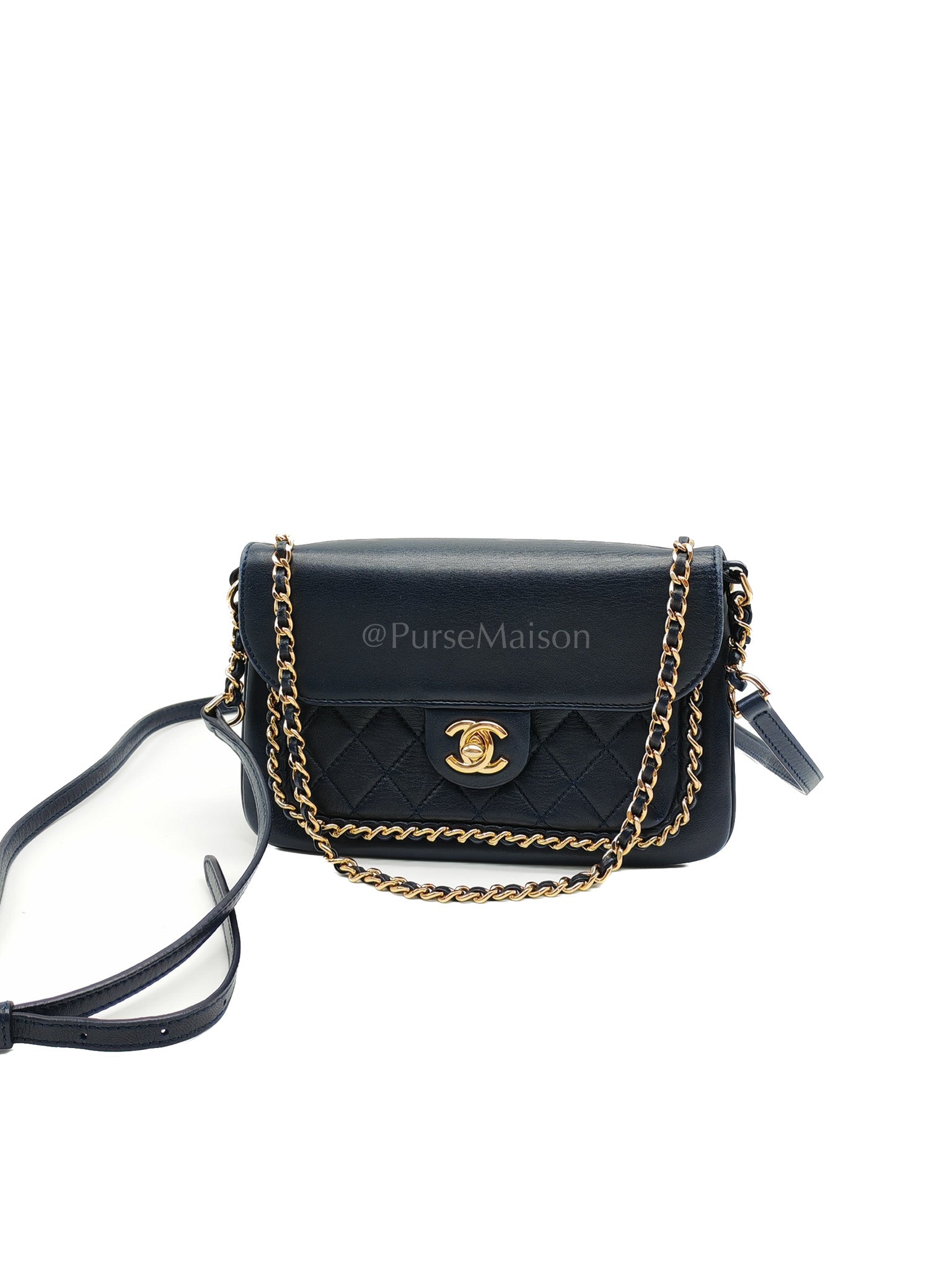 Mini Unchained Flap in Navy Blue Lambskin Leather and Gold Hardware Series 24 | Purse Maison Luxury Bags Shop