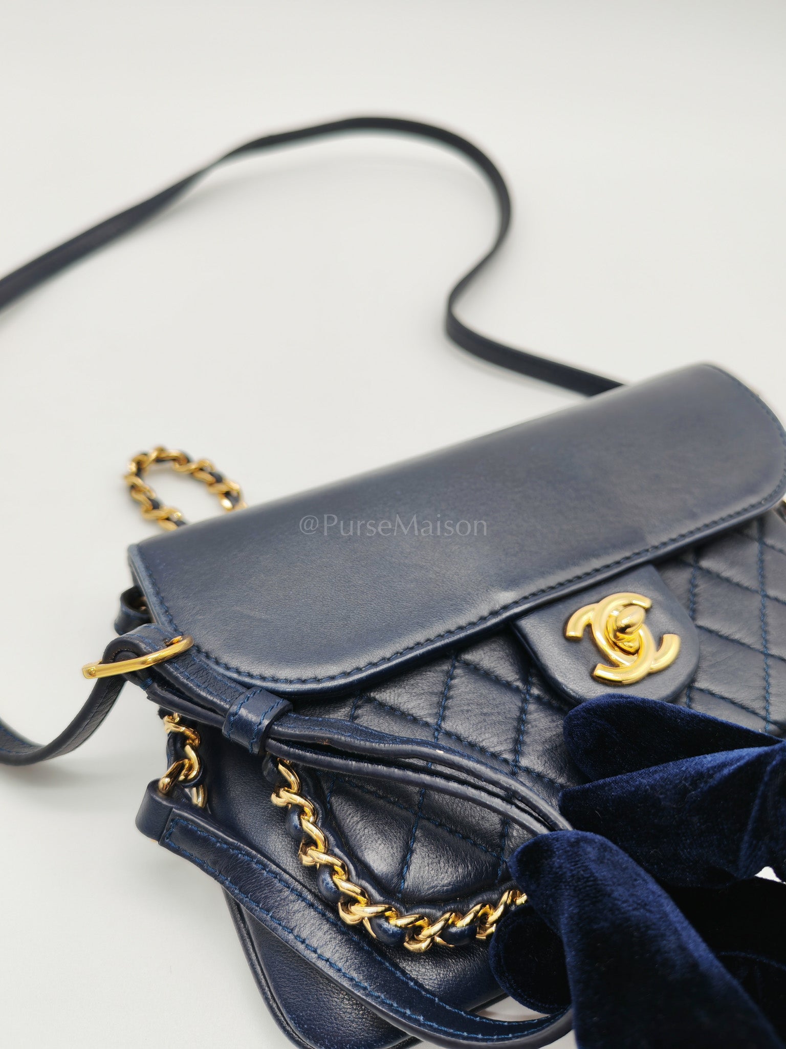 Mini Unchained Flap in Navy Blue Lambskin Leather and Gold Hardware Series 24 | Purse Maison Luxury Bags Shop