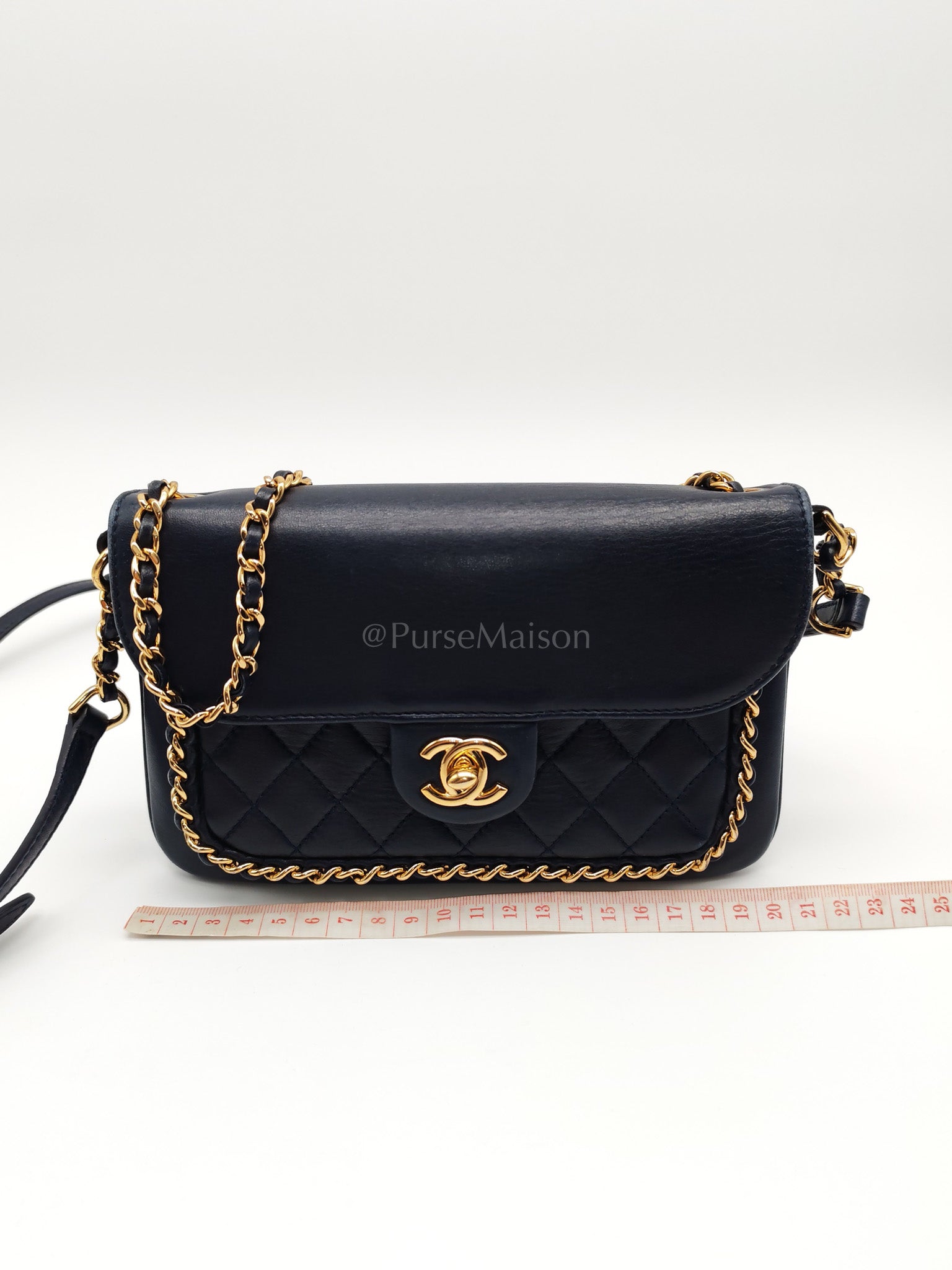 Mini Unchained Flap in Navy Blue Lambskin Leather and Gold Hardware Series 24 | Purse Maison Luxury Bags Shop