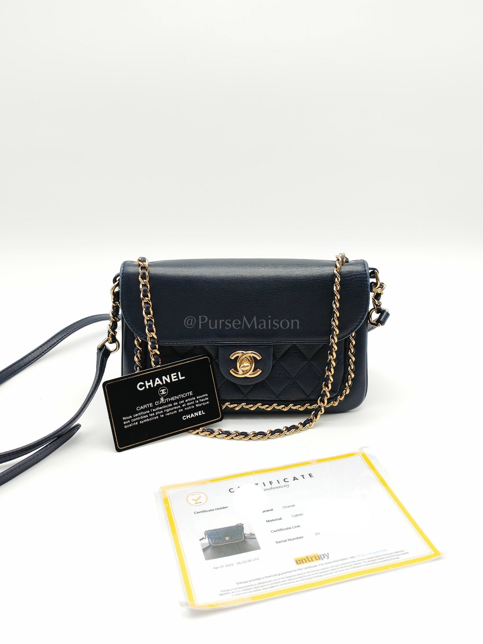 Mini Unchained Flap in Navy Blue Lambskin Leather and Gold Hardware Series 24 | Purse Maison Luxury Bags Shop