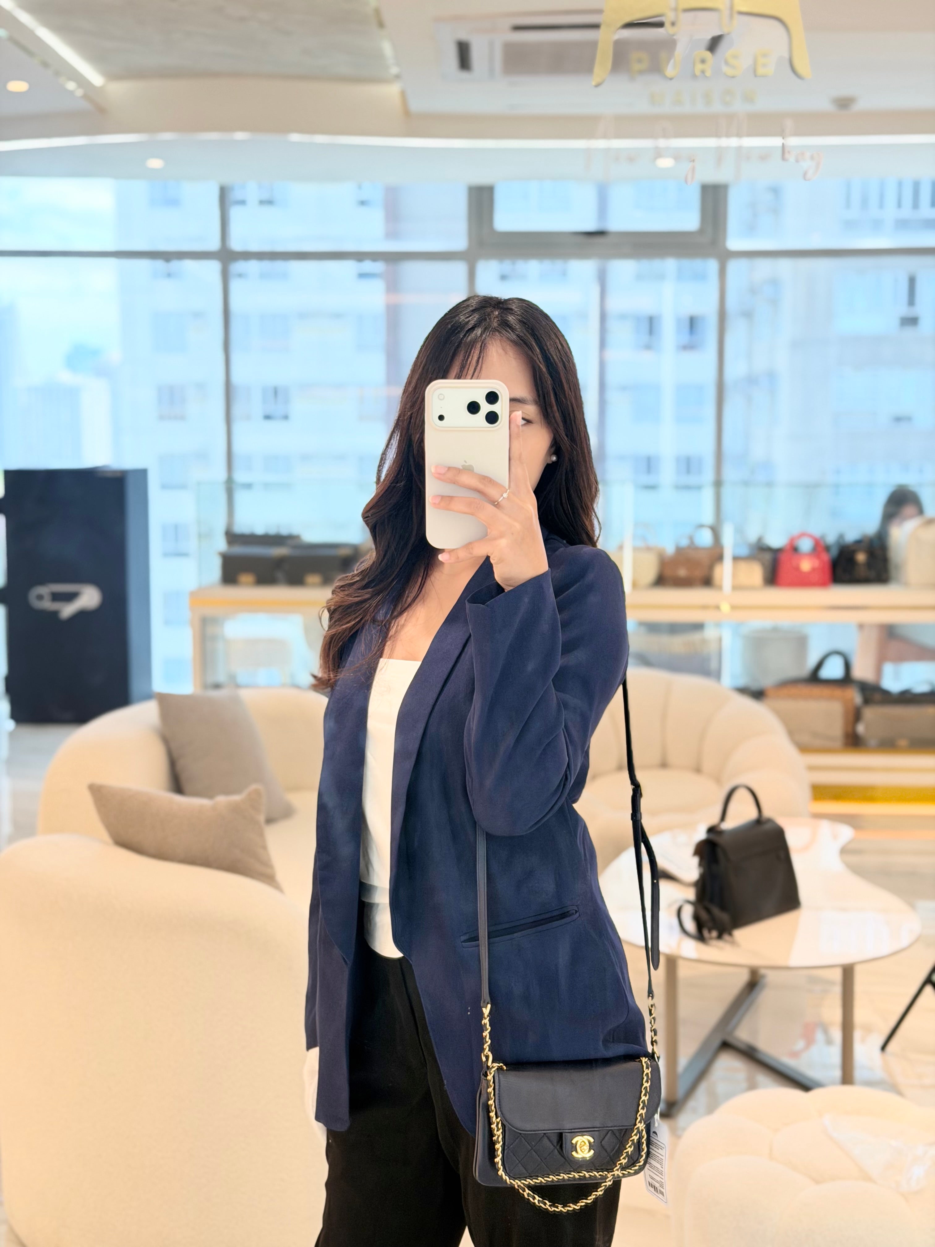 Mini Unchained Flap in Navy Blue Lambskin Leather and Gold Hardware Series 24 | Purse Maison Luxury Bags Shop