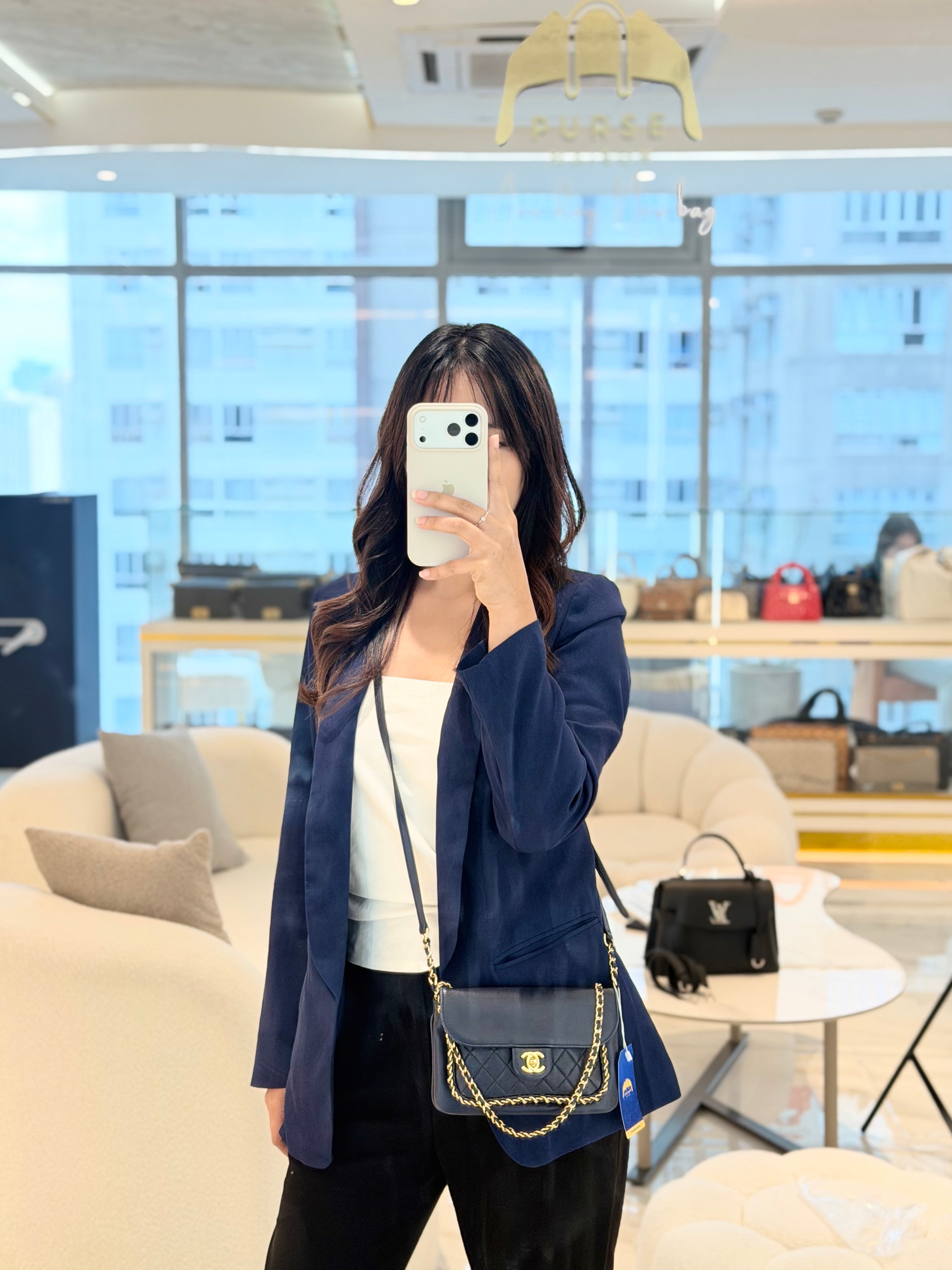 Mini Unchained Flap in Navy Blue Lambskin Leather and Gold Hardware Series 24 | Purse Maison Luxury Bags Shop