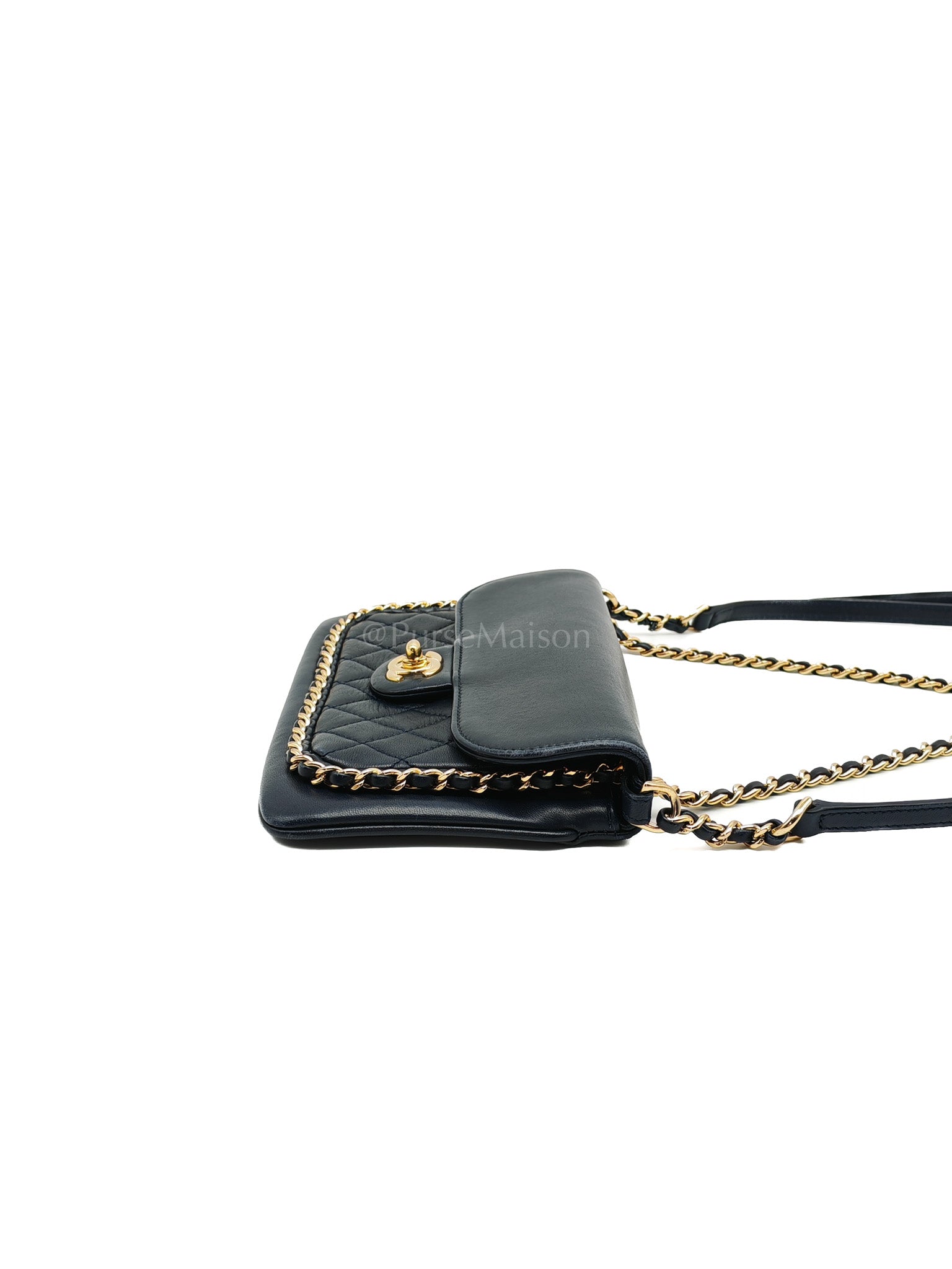Mini Unchained Flap in Navy Blue Lambskin Leather and Gold Hardware Series 24 | Purse Maison Luxury Bags Shop