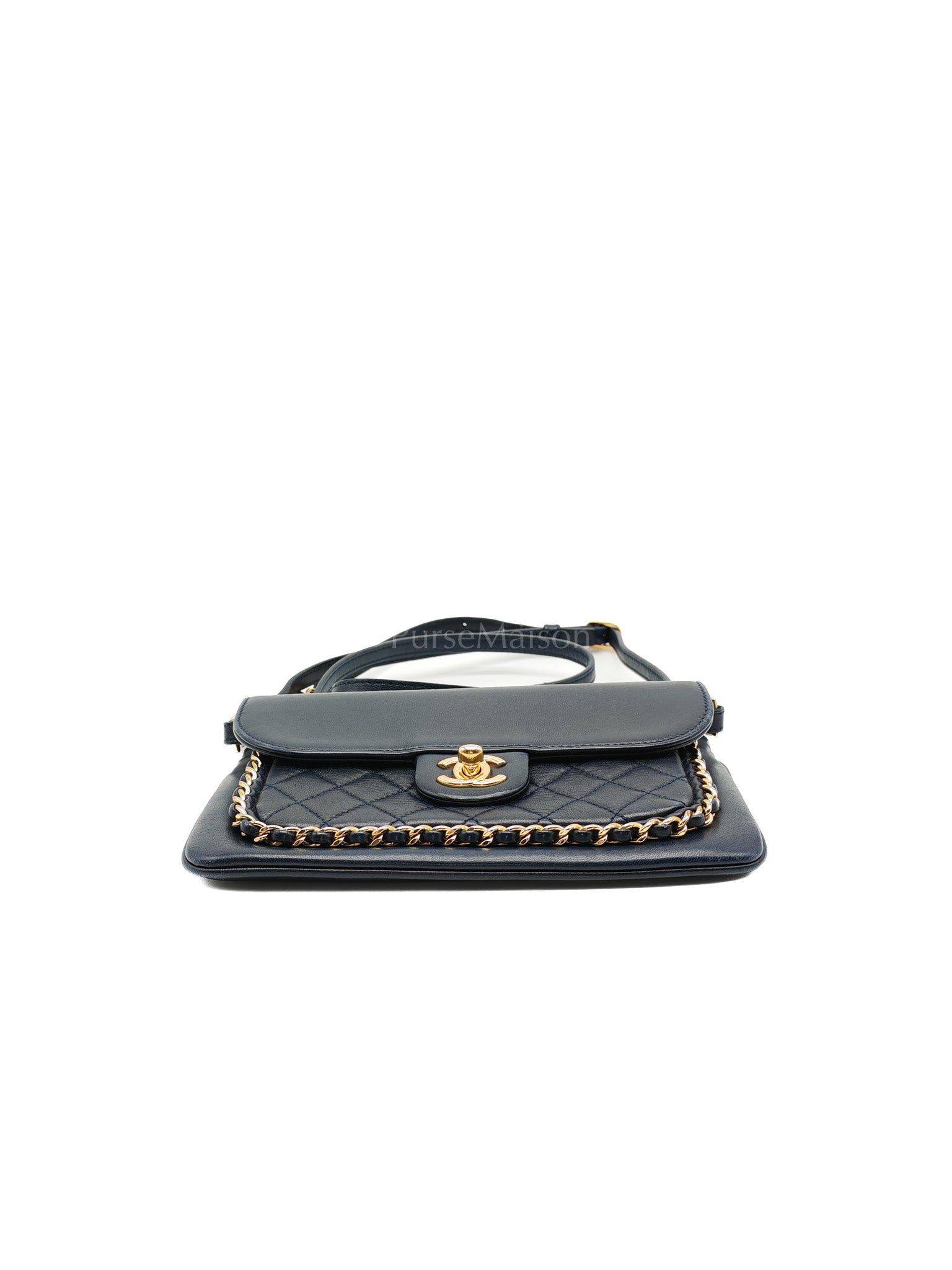 Mini Unchained Flap in Navy Blue Lambskin Leather and Gold Hardware Series 24 | Purse Maison Luxury Bags Shop