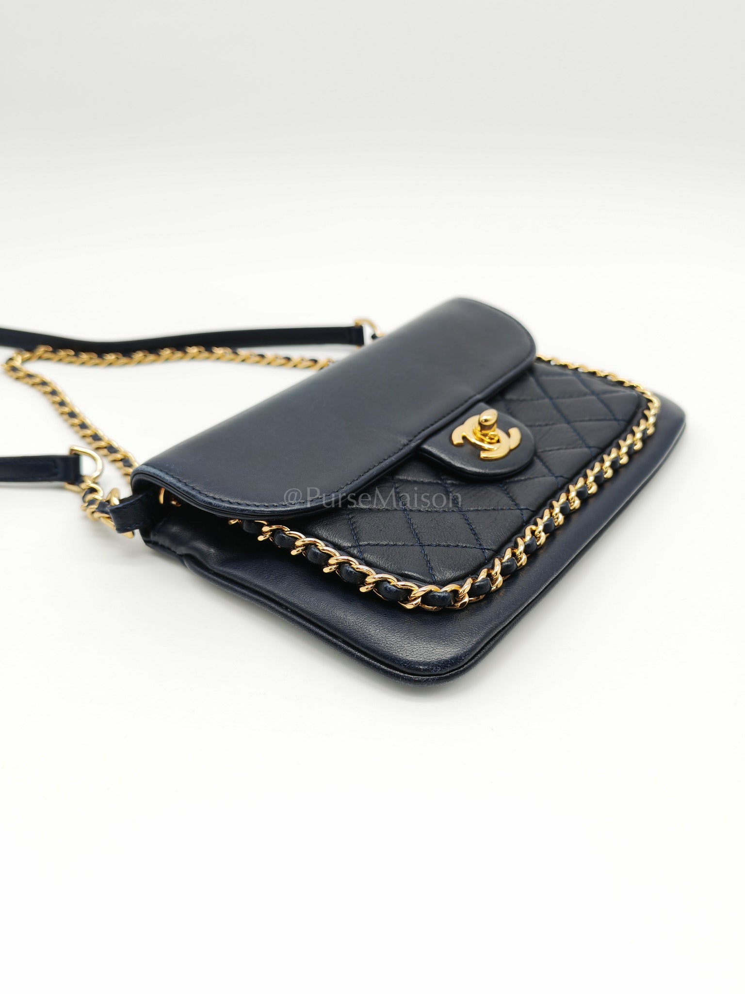 Mini Unchained Flap in Navy Blue Lambskin Leather and Gold Hardware Series 24 | Purse Maison Luxury Bags Shop