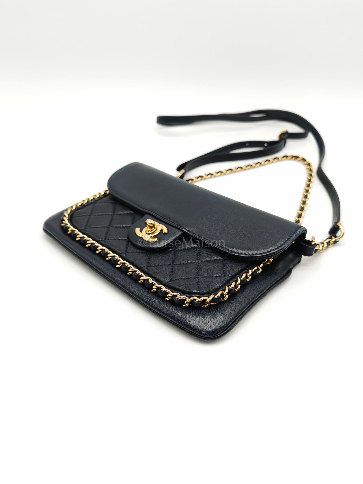 Mini Unchained Flap in Navy Blue Lambskin Leather and Gold Hardware Series 24 | Purse Maison Luxury Bags Shop