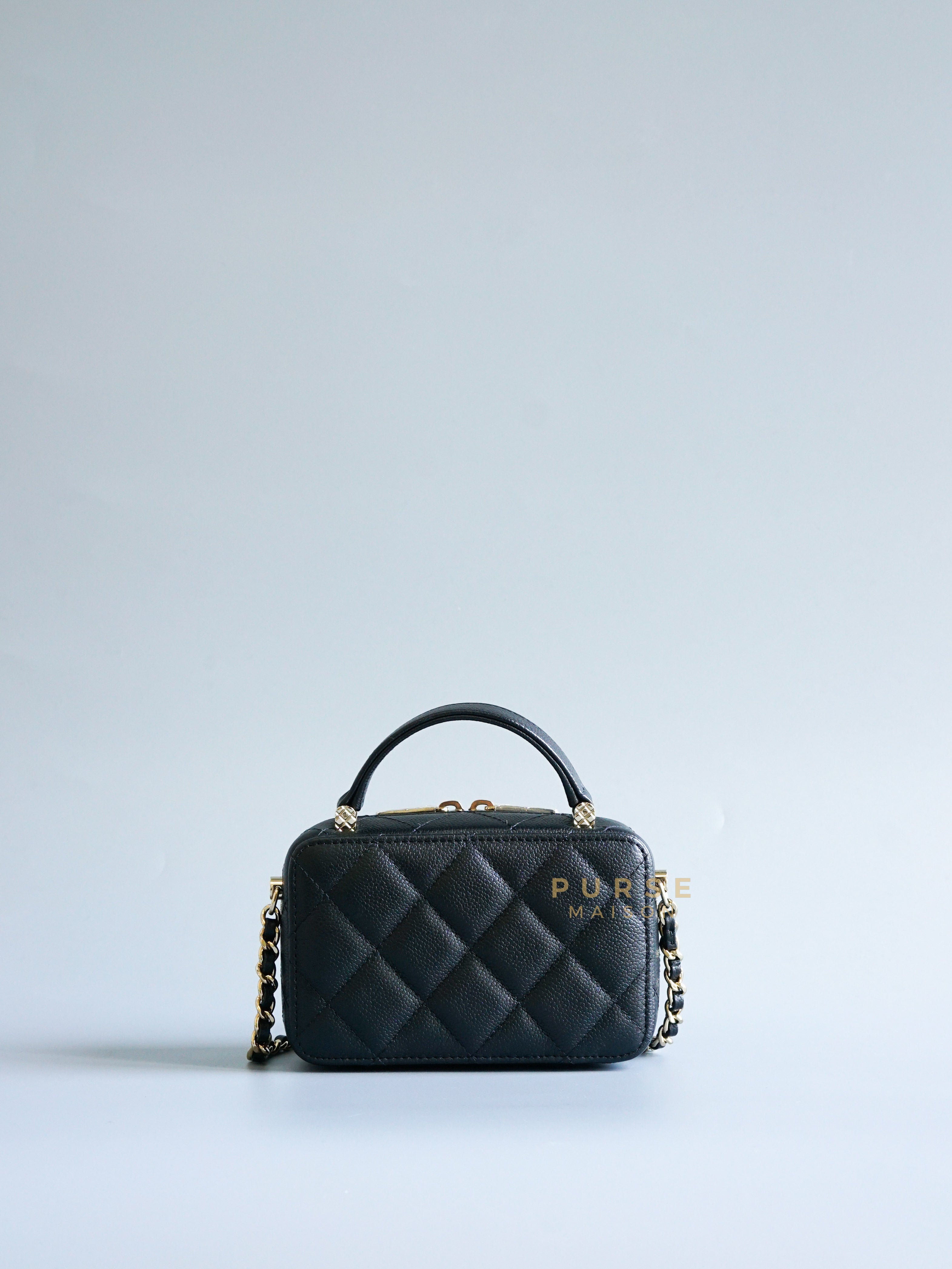 Mini Vanity Case Top Handle with Chain in Black Caviar & Light Gold Hardware Series 31 | Purse Maison Luxury Bags Shop