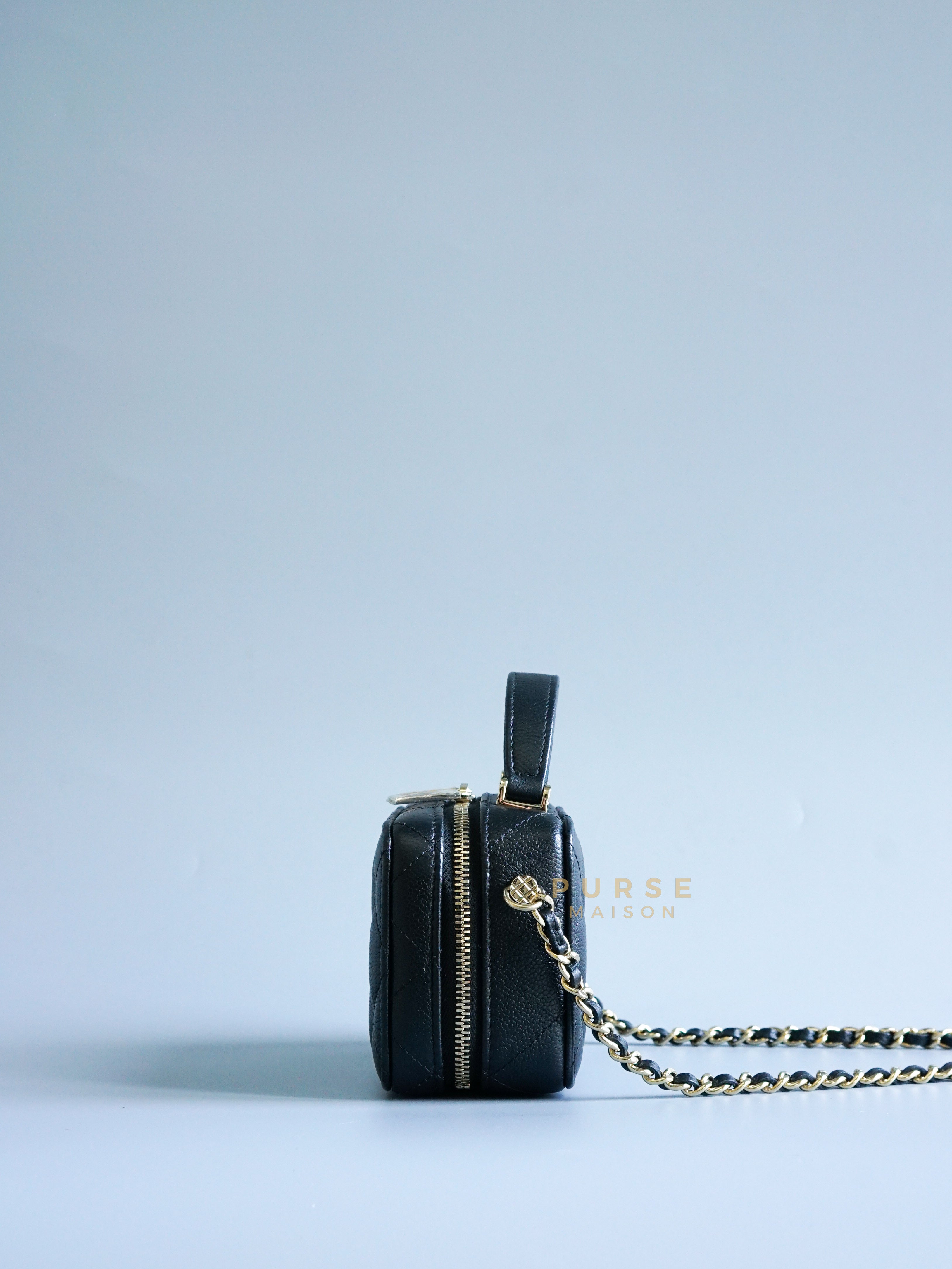 Mini Vanity Case Top Handle with Chain in Black Caviar & Light Gold Hardware Series 31 | Purse Maison Luxury Bags Shop
