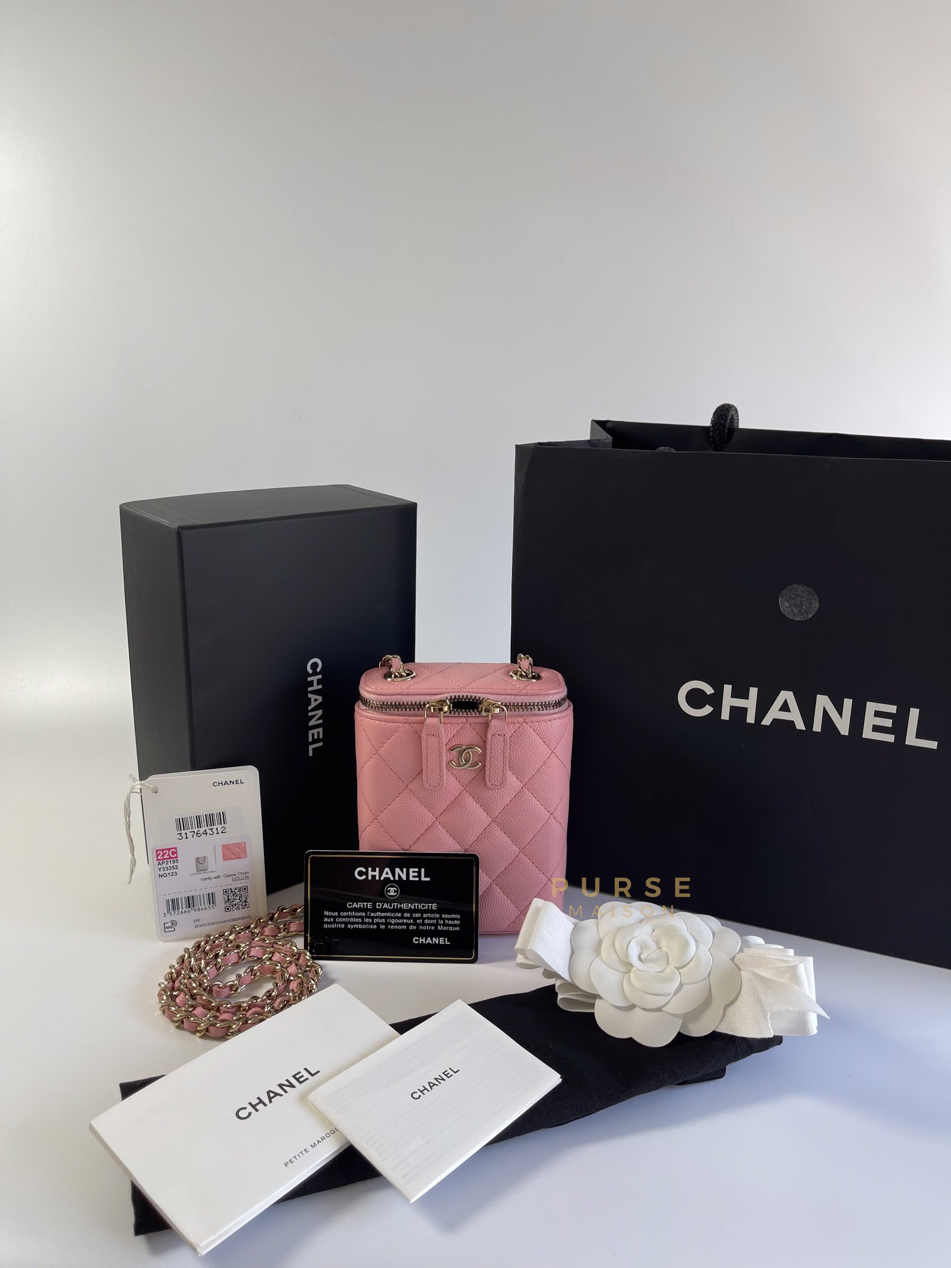 Mini Vertical Vanity 22c on Chain in Sakura Pink Caviar & Light Gold Hardware Series 31 | Purse Maison Luxury Bags Shop