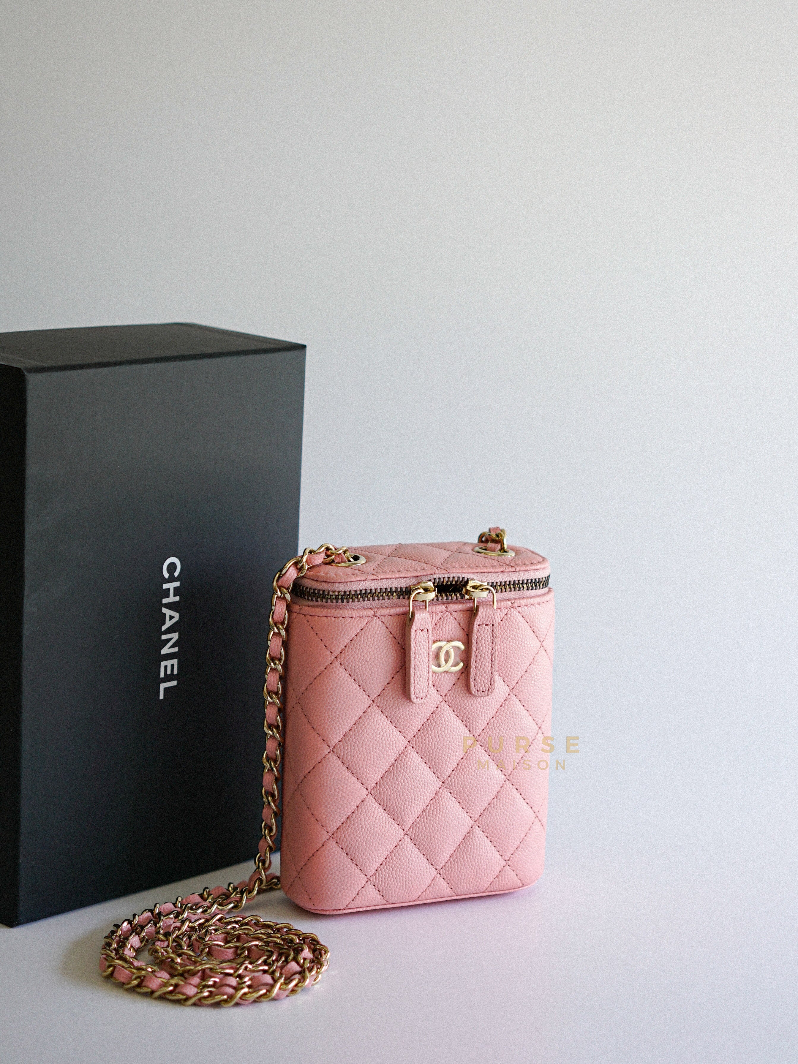 Mini Vertical Vanity 22c on Chain in Sakura Pink Caviar & Light Gold Hardware Series 31 | Purse Maison Luxury Bags Shop