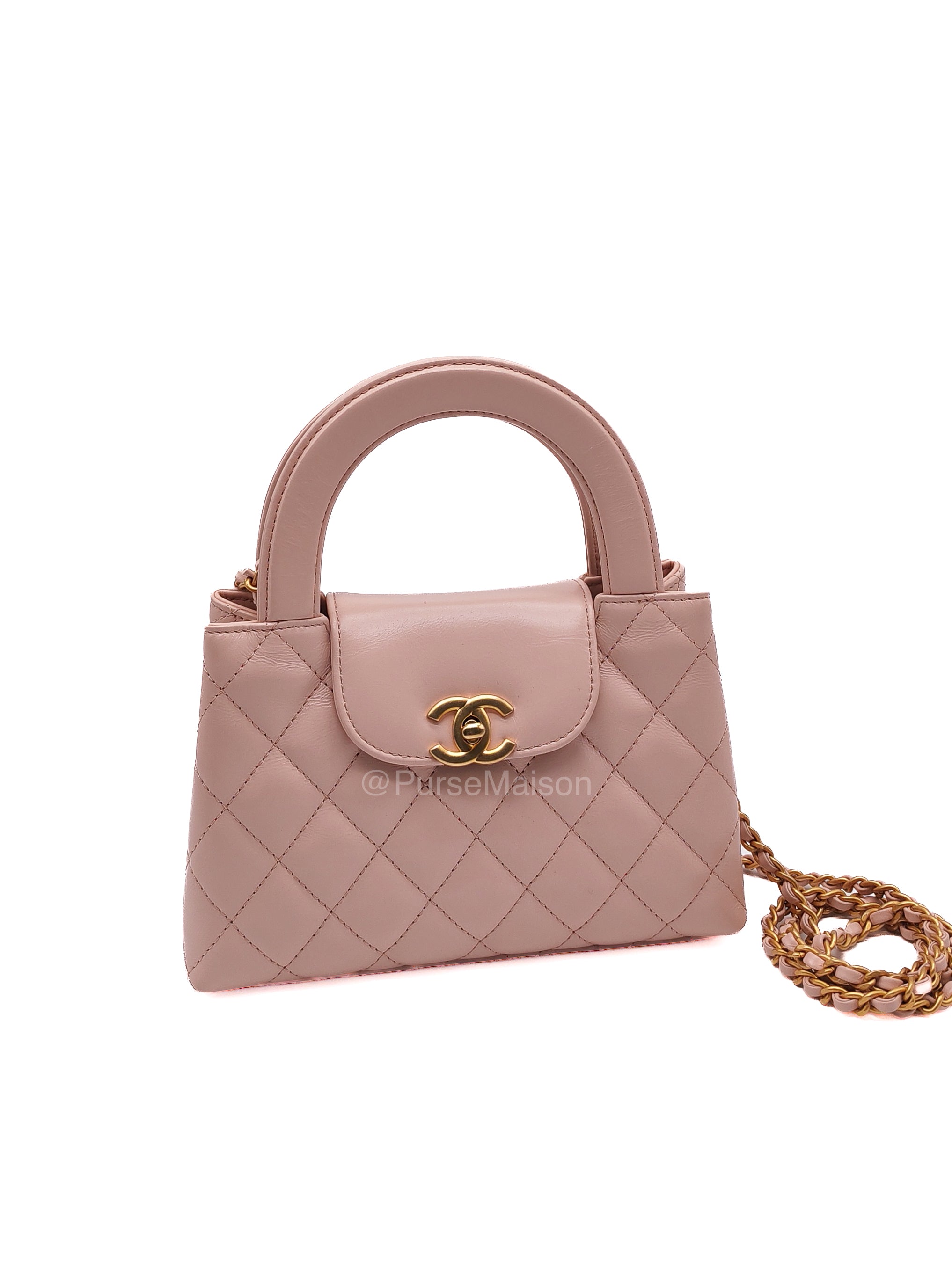 Chanel CC Kelly Small in Baby Pink Shiny Aged Calfskin Leather and Aged Gold Hardware Microchip