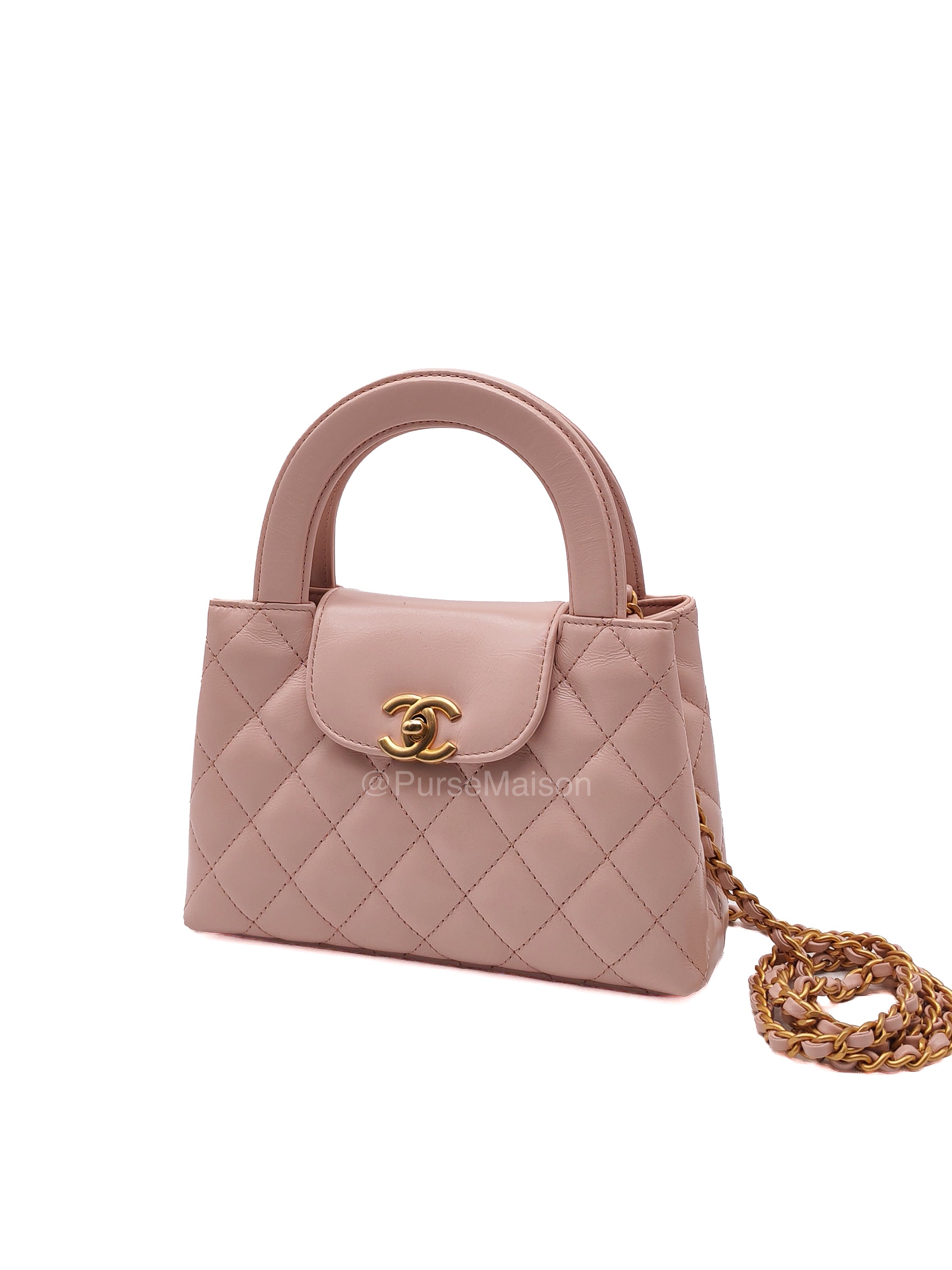 Chanel CC Kelly Small in Baby Pink Shiny Aged Calfskin Leather and Aged Gold Hardware Microchip