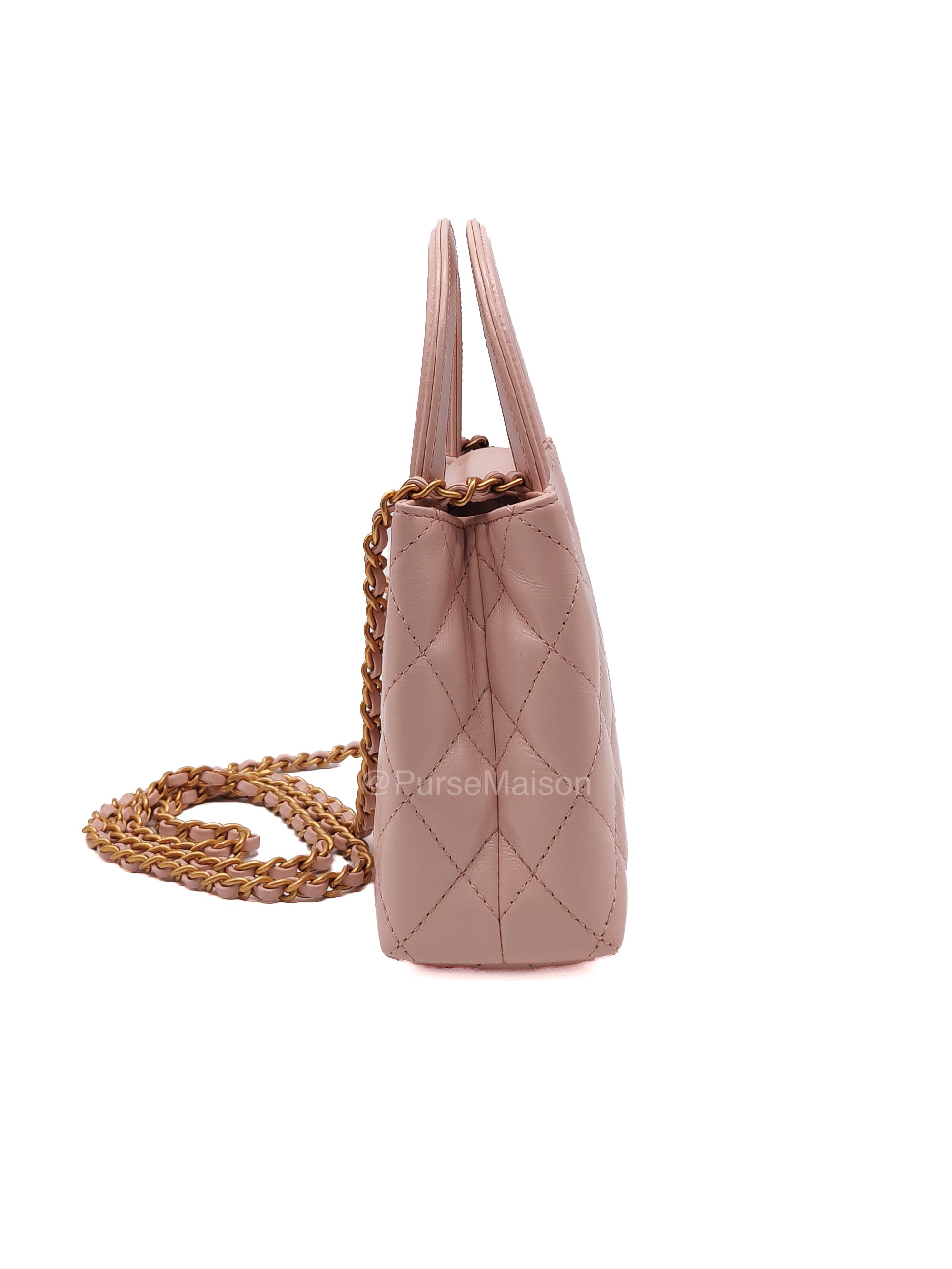 Chanel CC Kelly Small in Baby Pink Shiny Aged Calfskin Leather and Aged Gold Hardware Microchip