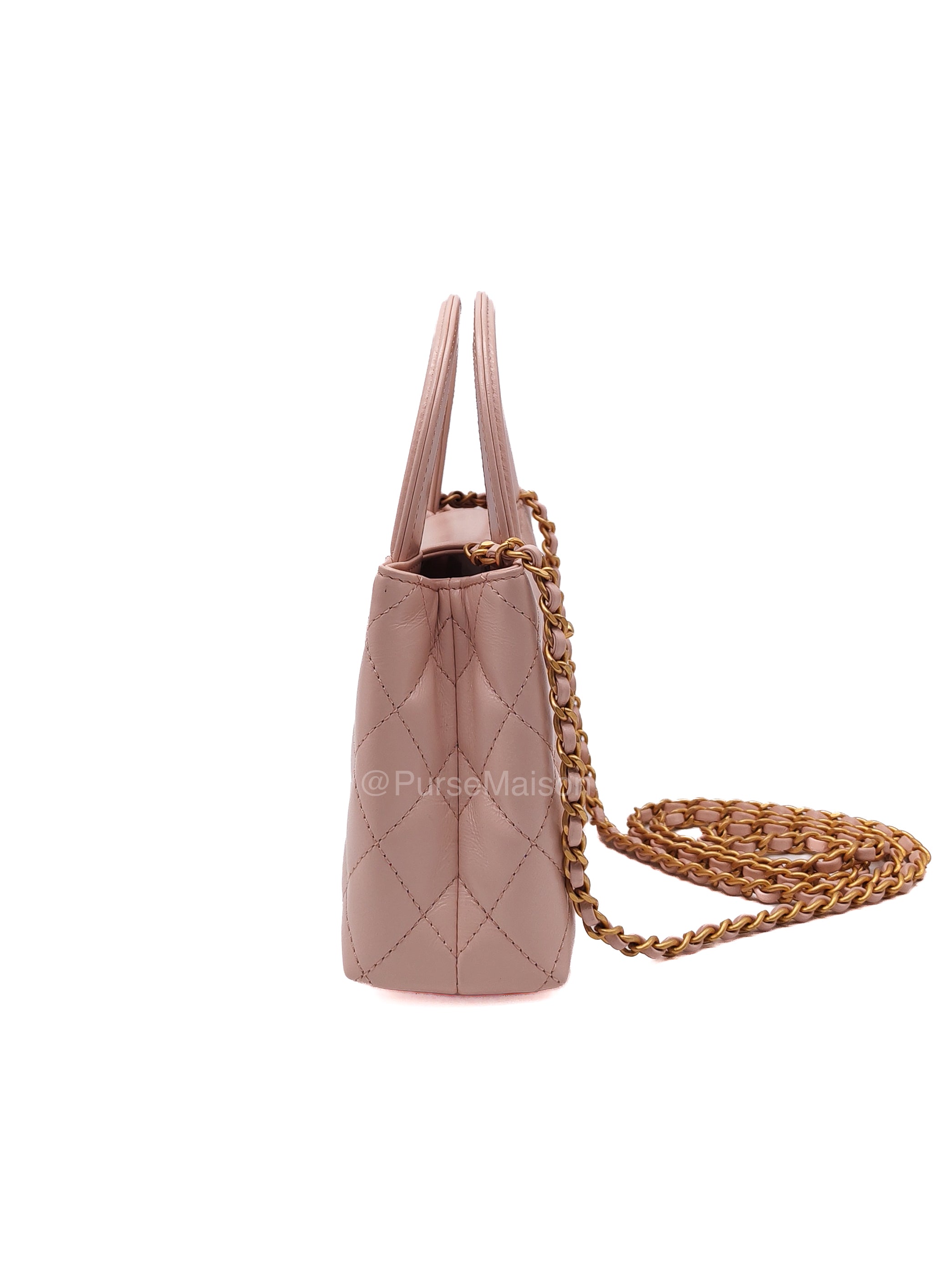 Chanel CC Kelly Small in Baby Pink Shiny Aged Calfskin Leather and Aged Gold Hardware Microchip