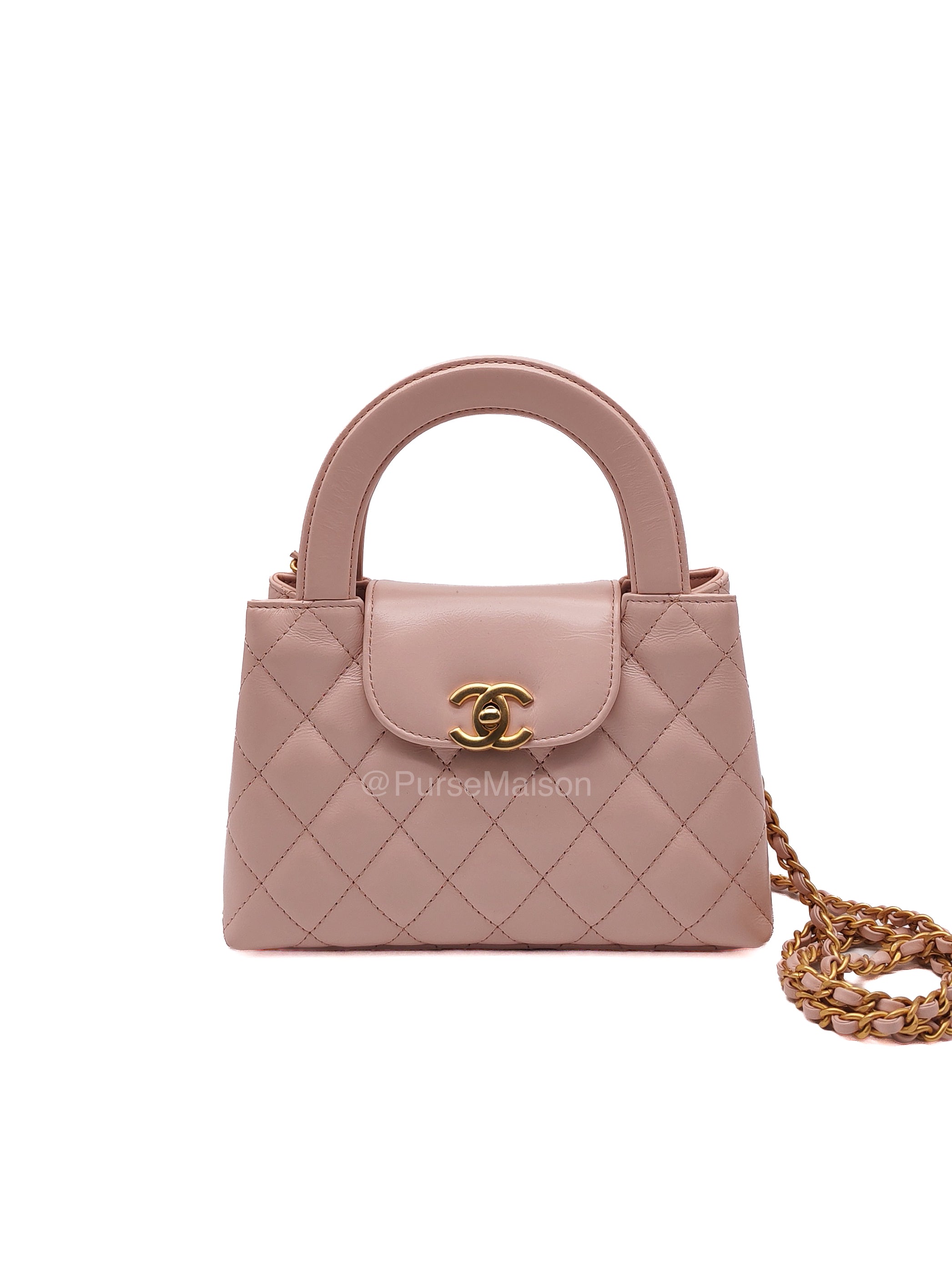 Chanel CC Kelly Small in Baby Pink Shiny Aged Calfskin Leather and Aged Gold Hardware Microchip