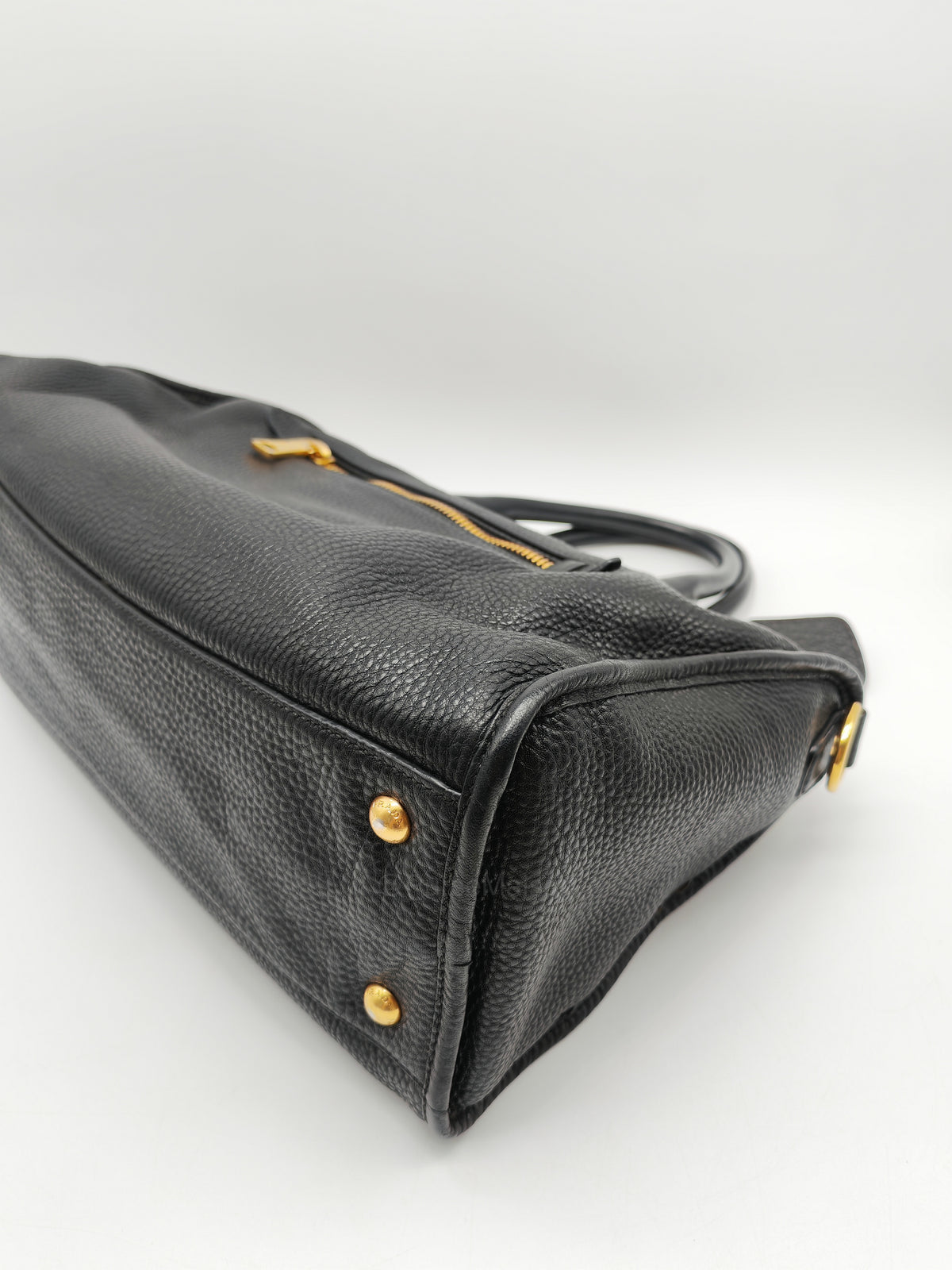 Prada Vitello Daino Shopping Satchel Bag in Black Grained Calfskin Leather and Gold Hardware