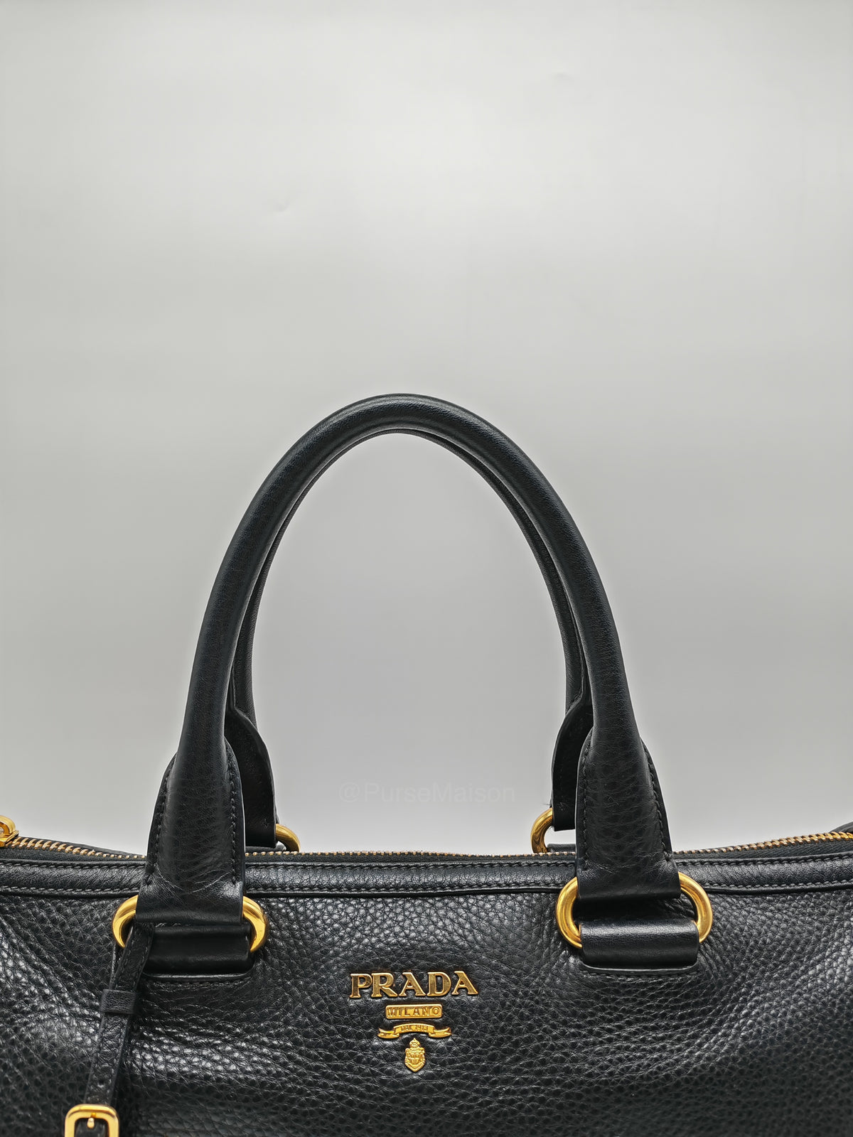 Prada Vitello Daino Shopping Satchel Bag in Black Grained Calfskin Leather and Gold Hardware