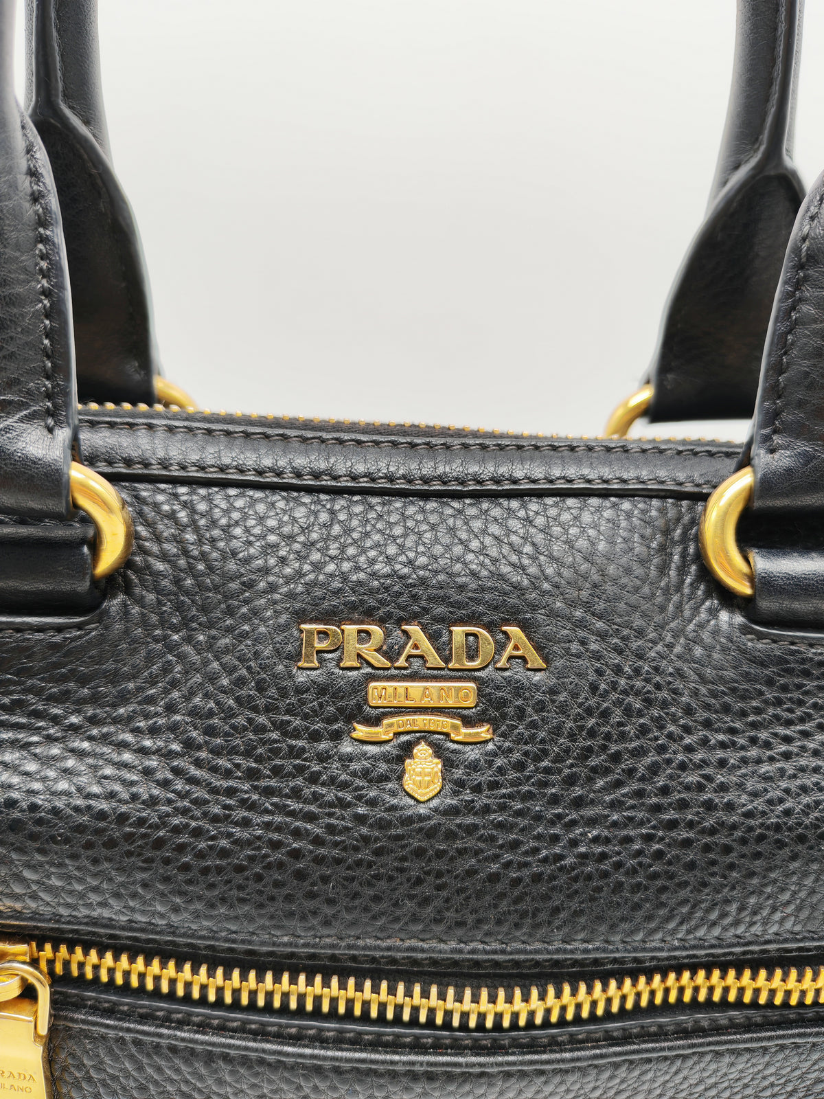 Prada Vitello Daino Shopping Satchel Bag in Black Grained Calfskin Leather and Gold Hardware