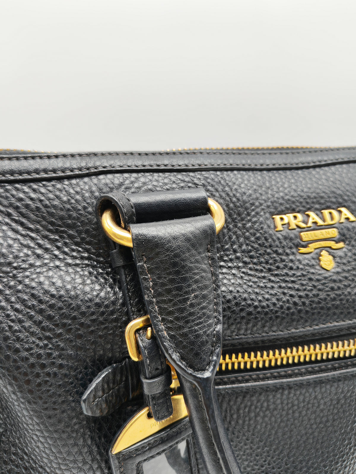 Prada Vitello Daino Shopping Satchel Bag in Black Grained Calfskin Leather and Gold Hardware