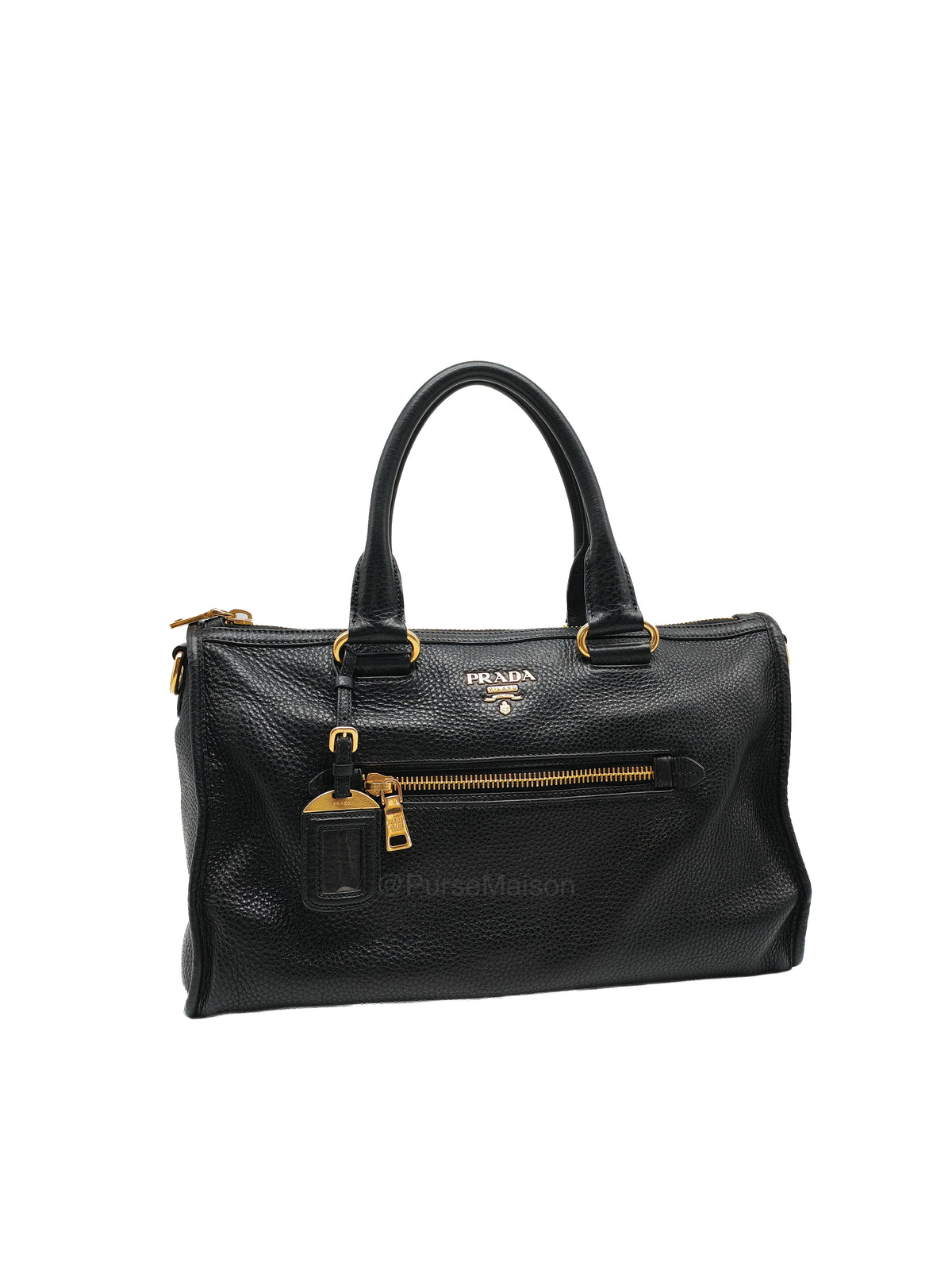 Prada Vitello Daino Shopping Satchel Bag in Black Grained Calfskin Leather and Gold Hardware