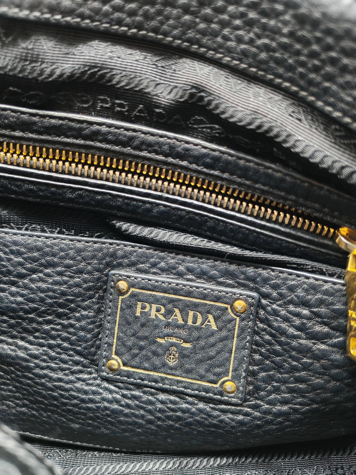 Prada Vitello Daino Shopping Satchel Bag in Black Grained Calfskin Leather and Gold Hardware