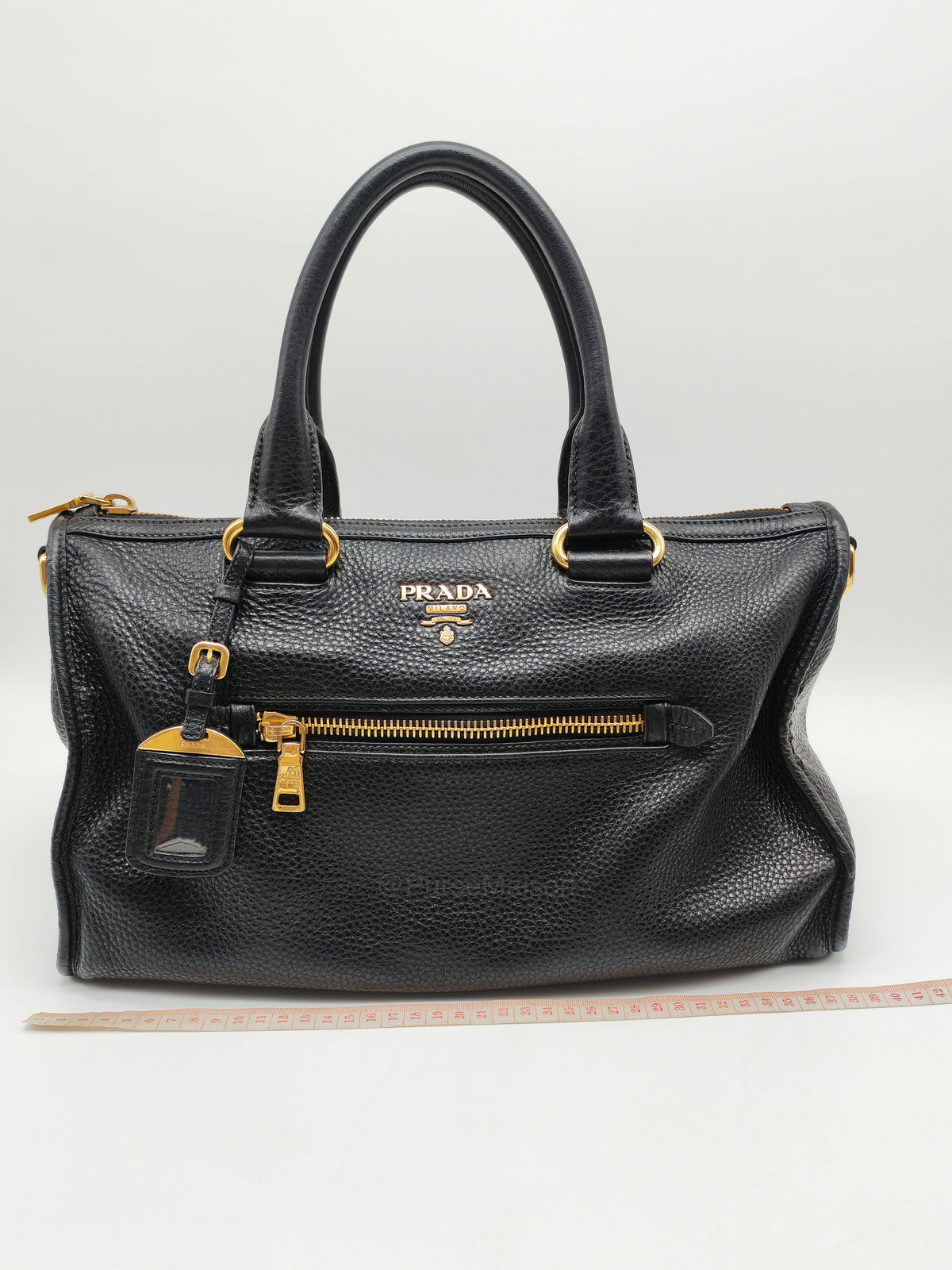 Prada Vitello Daino Shopping Satchel Bag in Black Grained Calfskin Leather and Gold Hardware