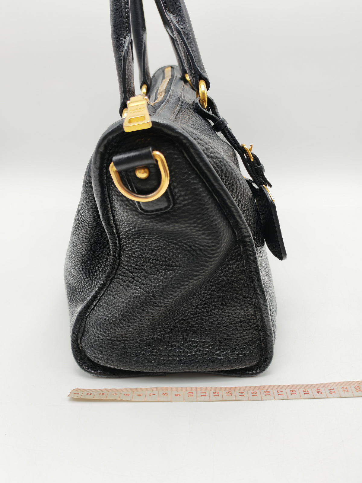 Prada Vitello Daino Shopping Satchel Bag in Black Grained Calfskin Leather and Gold Hardware