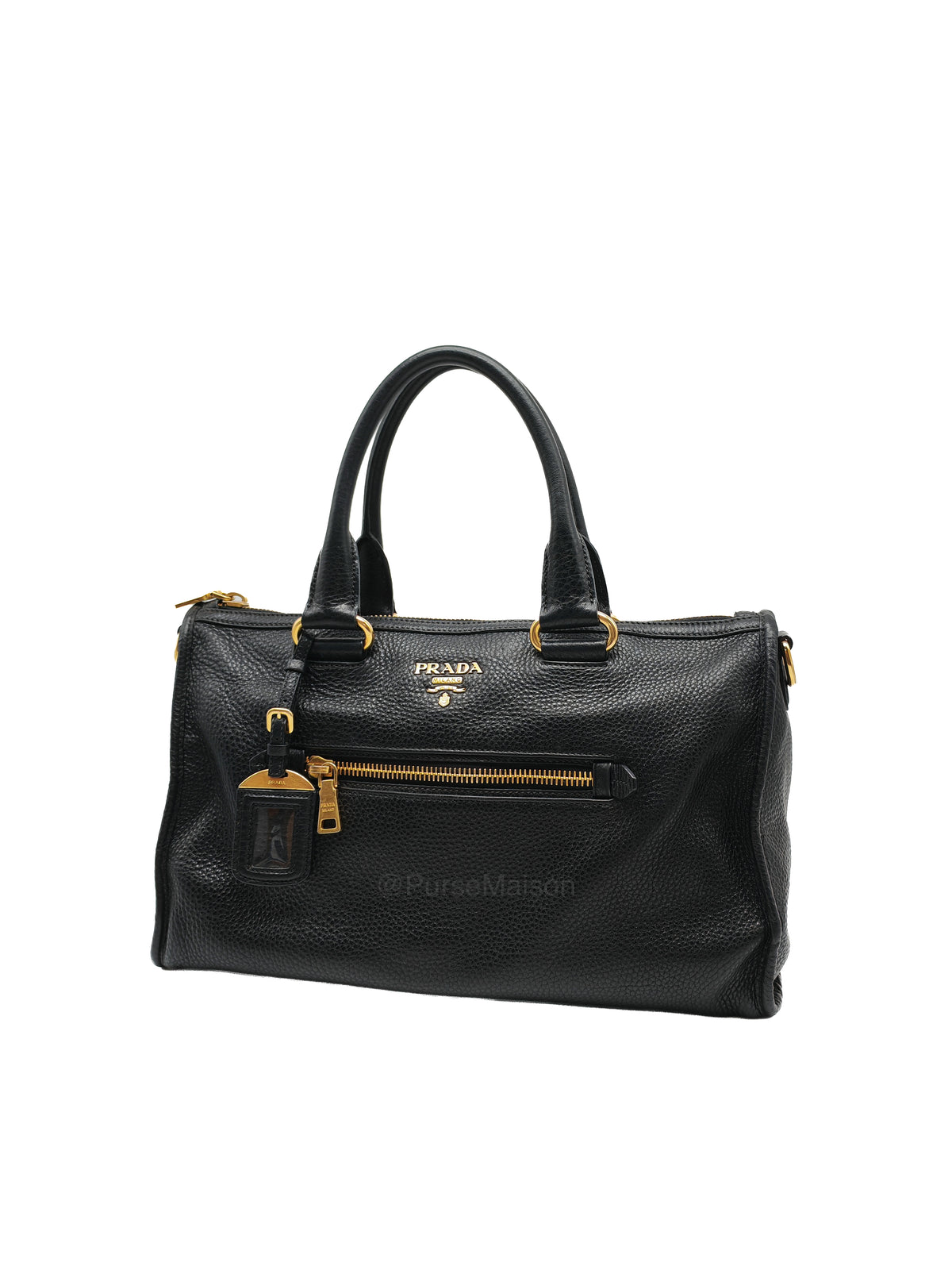 Prada Vitello Daino Shopping Satchel Bag in Black Grained Calfskin Leather and Gold Hardware