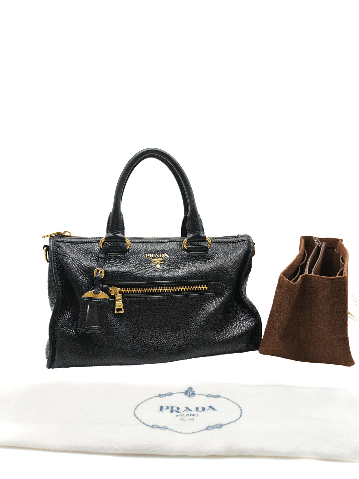 Prada Vitello Daino Shopping Satchel Bag in Black Grained Calfskin Leather and Gold Hardware