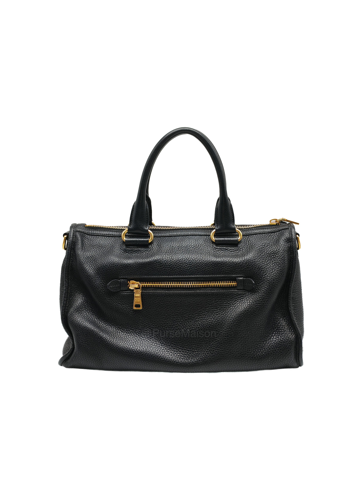Prada Vitello Daino Shopping Satchel Bag in Black Grained Calfskin Leather and Gold Hardware