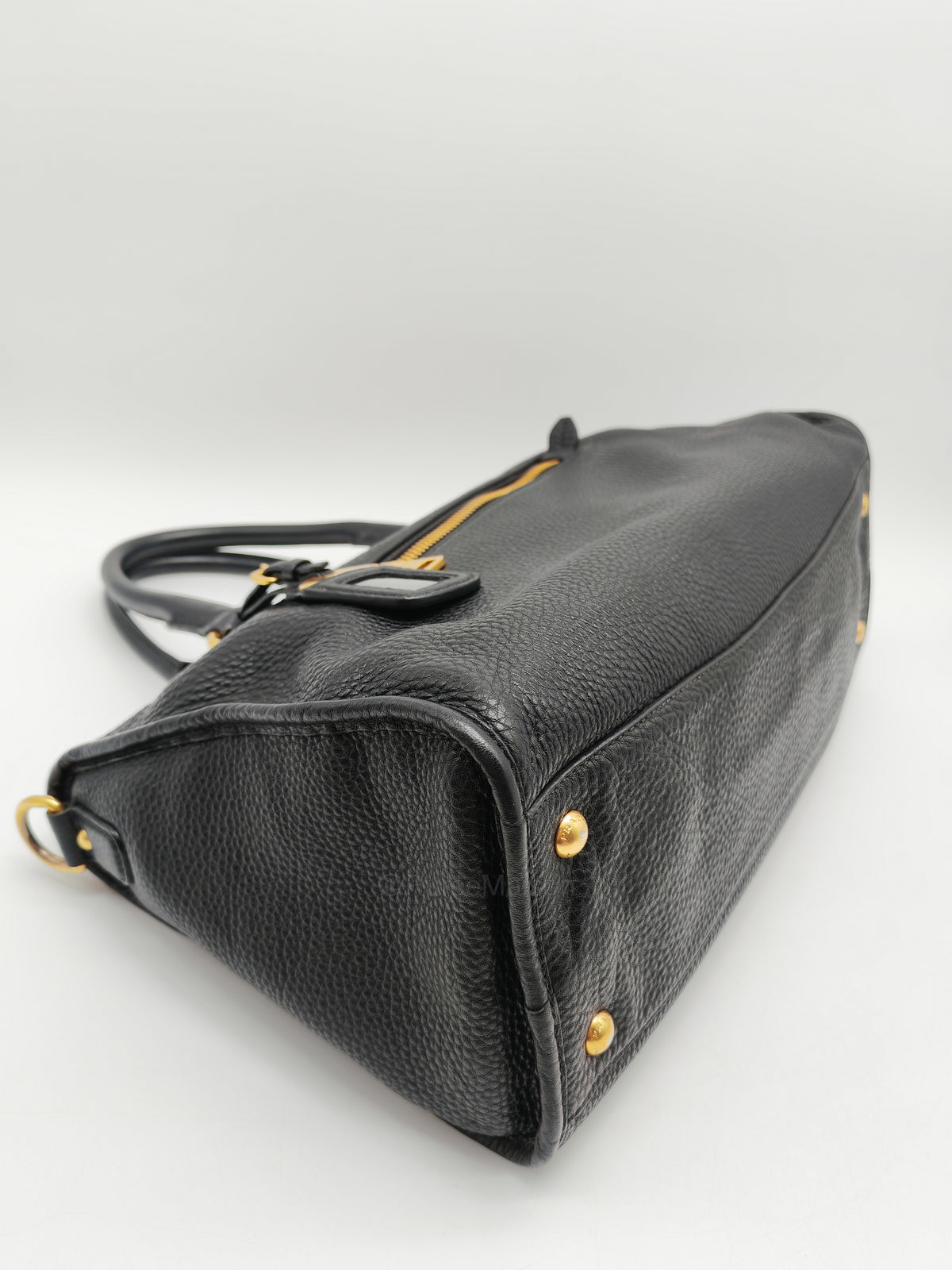Prada Vitello Daino Shopping Satchel Bag in Black Grained Calfskin Leather and Gold Hardware