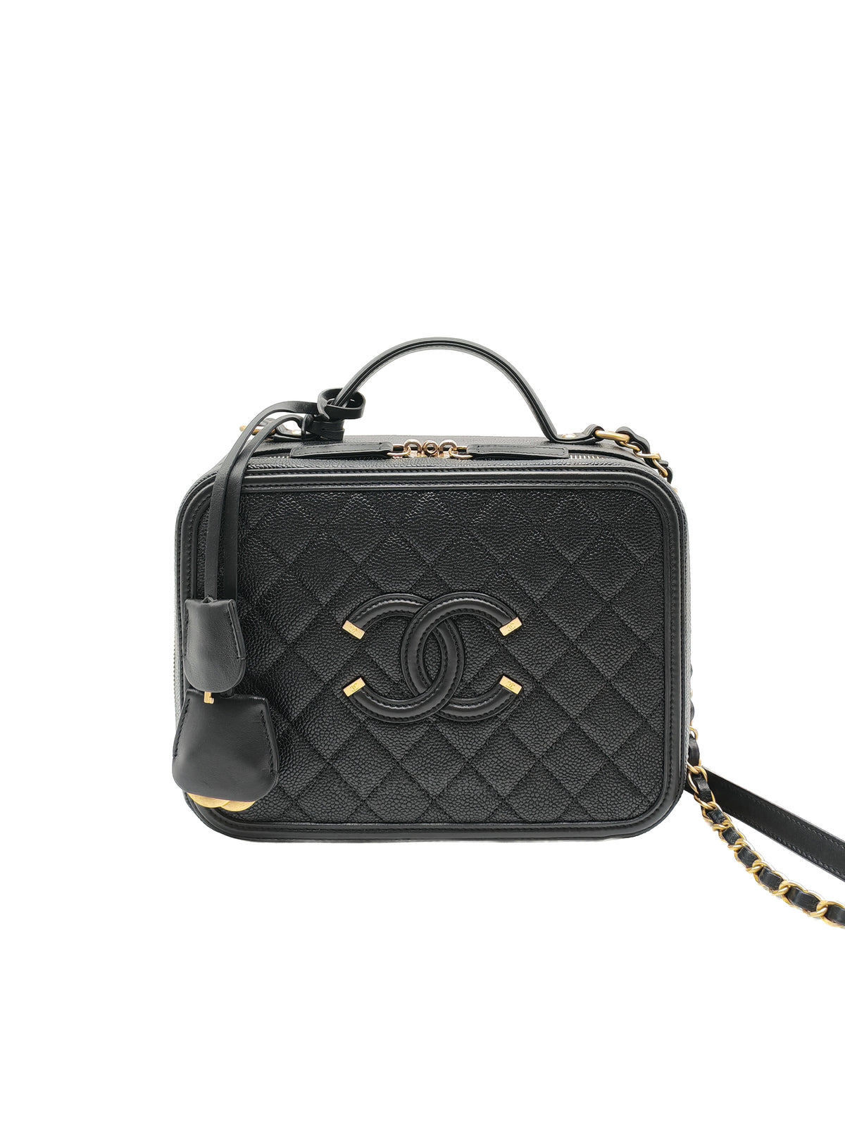 Chanel Filigree Vanity Case Large Black Caviar Leather in Aged Gold Hardware (Series 27)