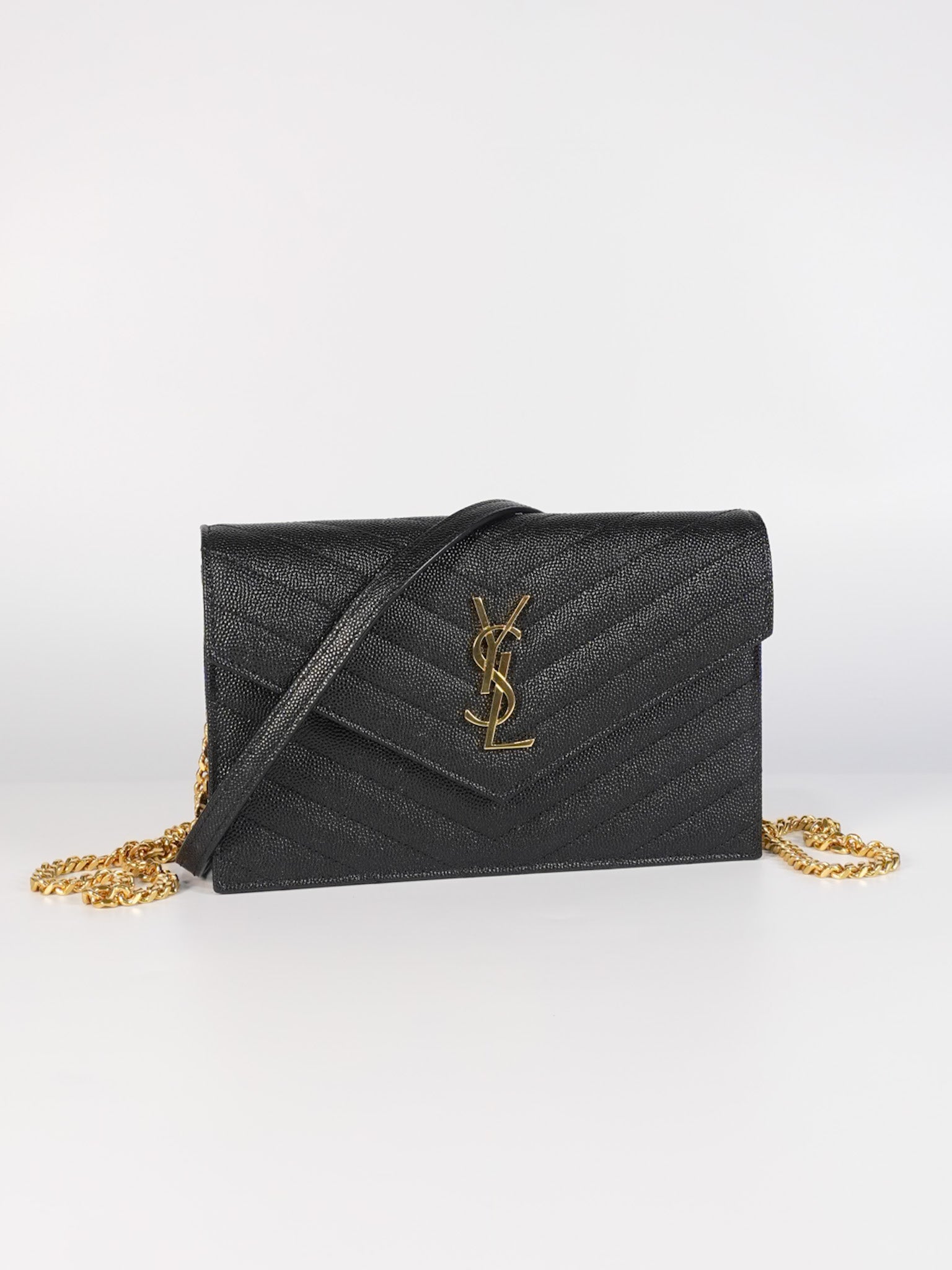 Monogram Envelope Wallet on Chain in Black Chevron Matelasse Grain De Poudre Leather & Gold Hardware | Purse Maison Luxury Bags Shop