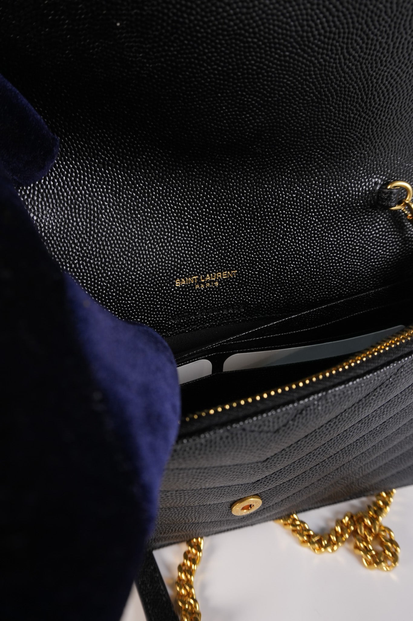 Monogram Envelope Wallet on Chain in Black Chevron Matelasse Grain De Poudre Leather & Gold Hardware | Purse Maison Luxury Bags Shop