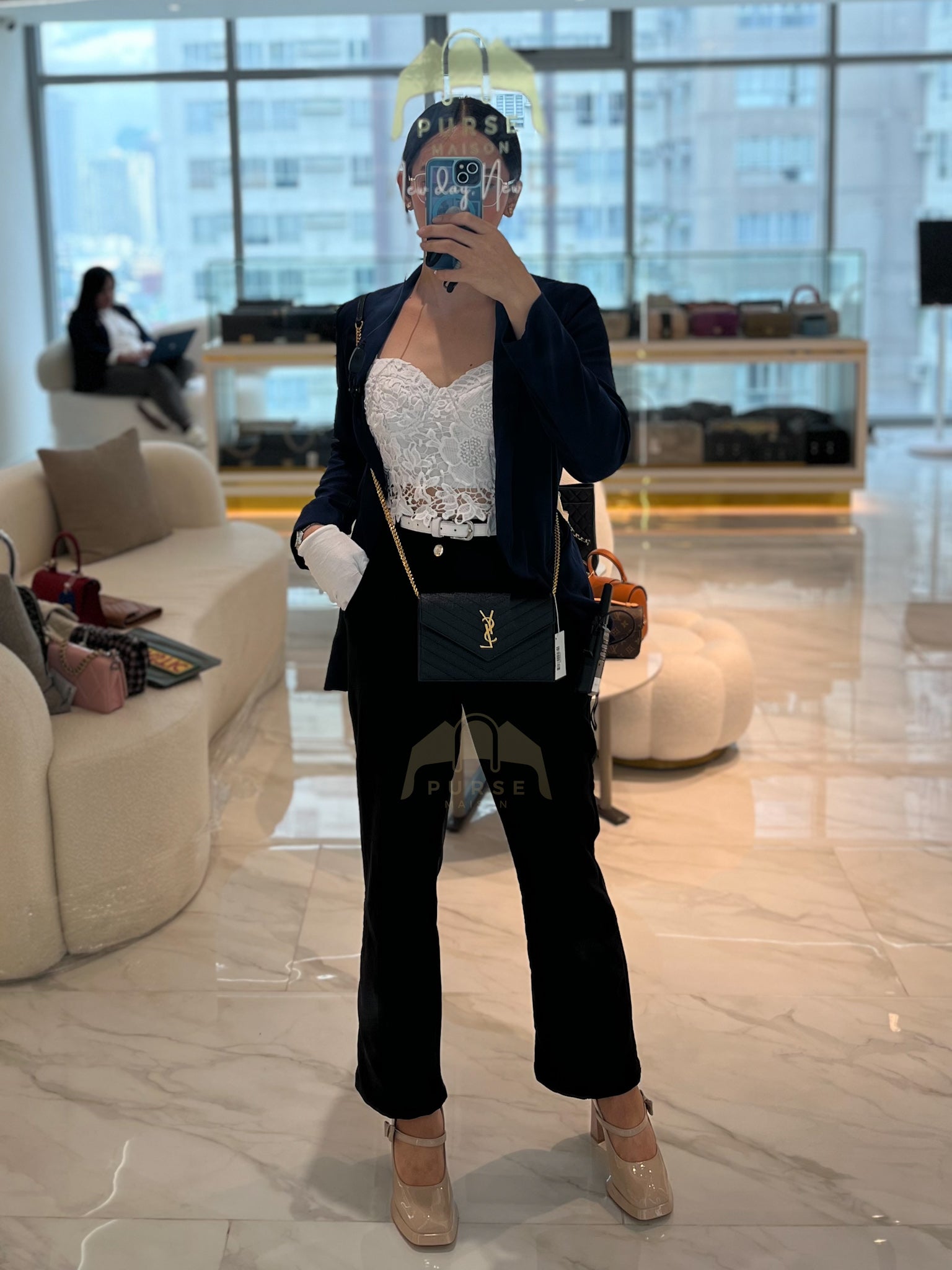 Monogram Envelope Wallet on Chain in Black Chevron Matelasse Grain De Poudre Leather & Gold Hardware | Purse Maison Luxury Bags Shop