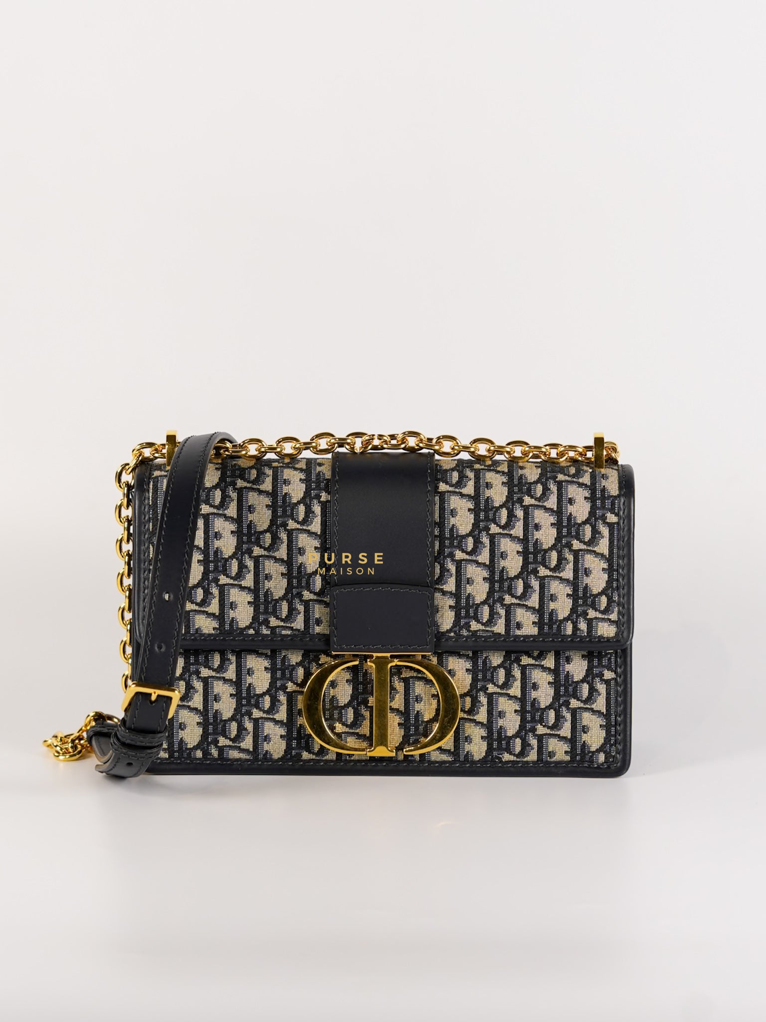 Montaigne 30 Navy Blue Oblique Embroidery Chain Bag in Gold Hardware | Purse Maison Luxury Bags Shop