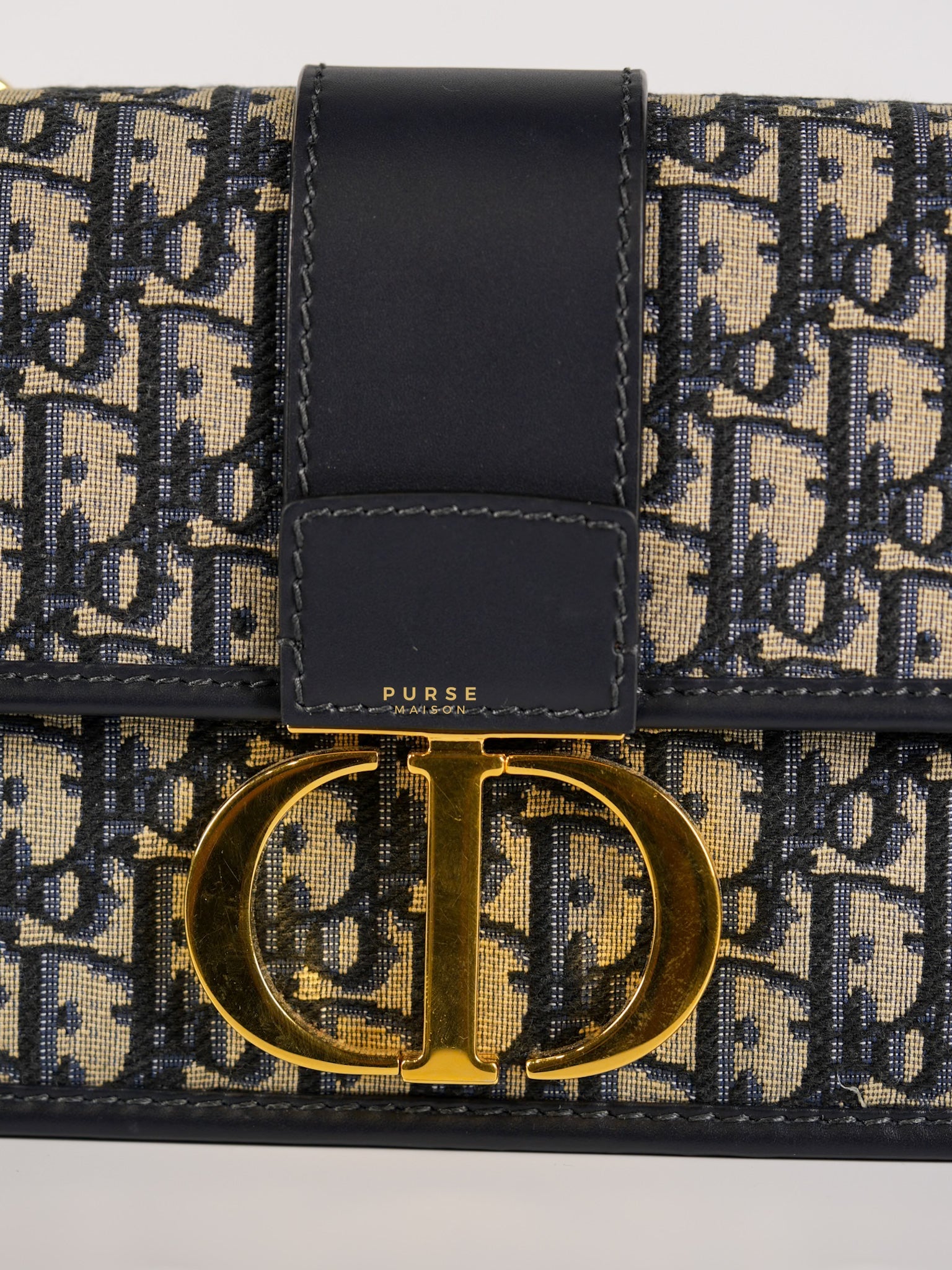 Montaigne 30 Navy Blue Oblique Embroidery Chain Bag in Gold Hardware | Purse Maison Luxury Bags Shop