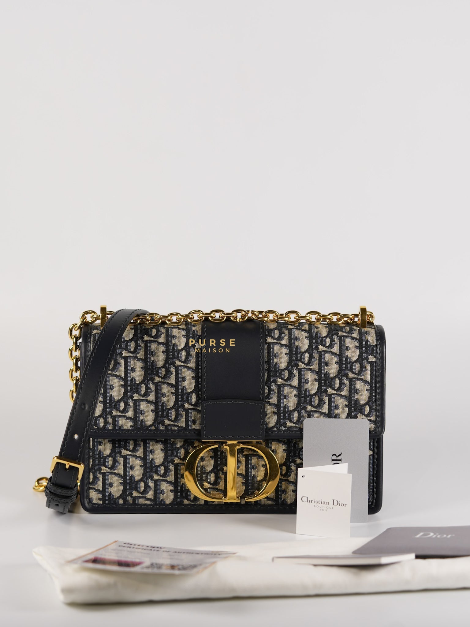 Montaigne 30 Navy Blue Oblique Embroidery Chain Bag in Gold Hardware | Purse Maison Luxury Bags Shop