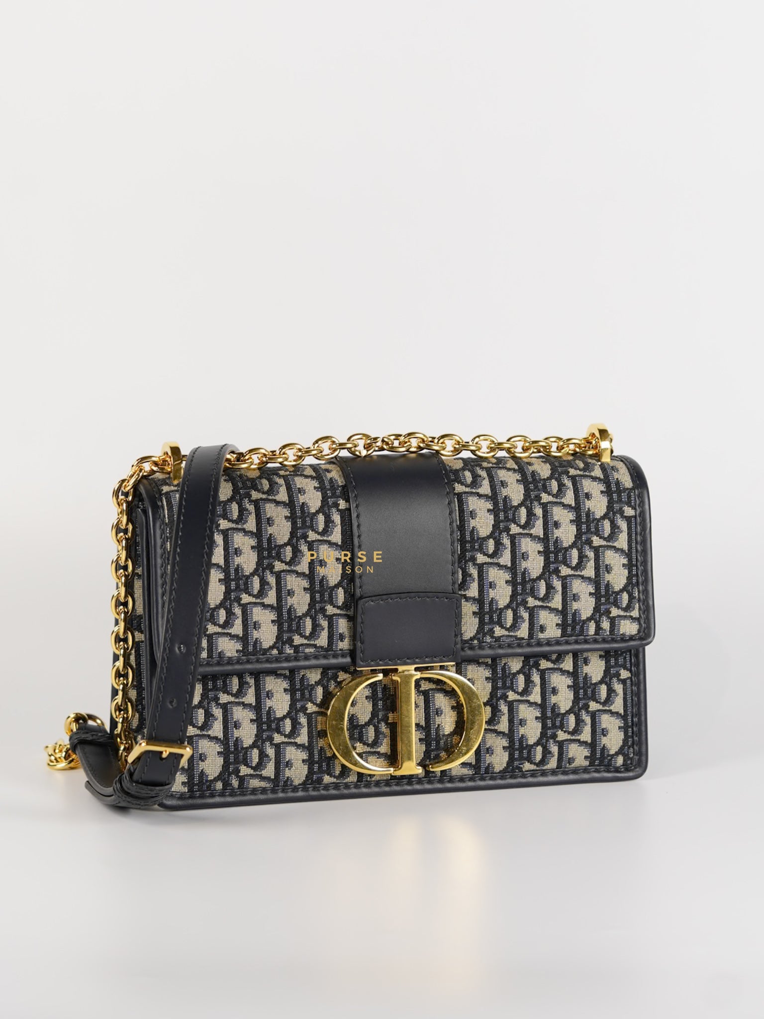 Montaigne 30 Navy Blue Oblique Embroidery Chain Bag in Gold Hardware | Purse Maison Luxury Bags Shop