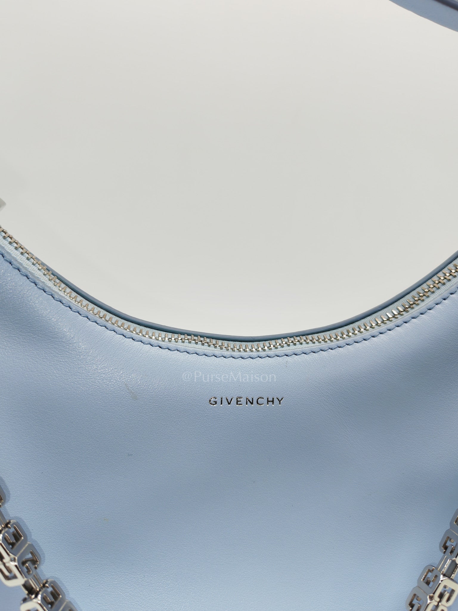 Moon Cut Out Shoulder Bag Small in Baby Blue Smooth Calfskin Leather & Silver Hardware | Purse Maison Luxury Bags Shop