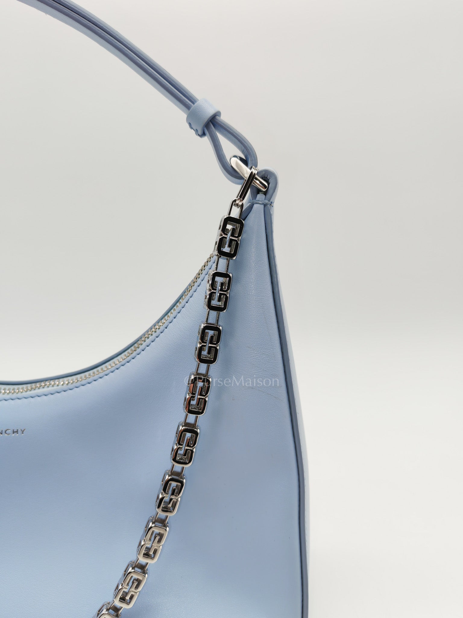Moon Cut Out Shoulder Bag Small in Baby Blue Smooth Calfskin Leather & Silver Hardware | Purse Maison Luxury Bags Shop